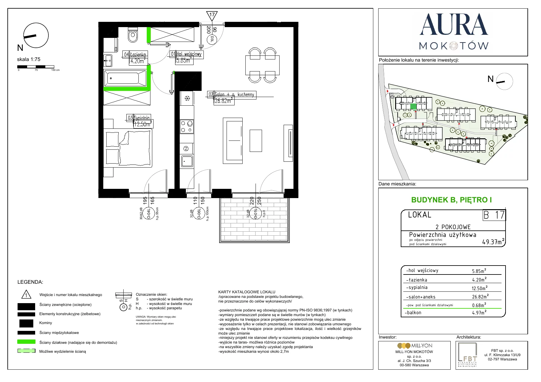 2 pokoje, mieszkanie 49,37 m², piętro 1, oferta nr B17, Aura Mokotów I, Warszawa, Mokotów, Siekierki, ul. Bluszczańska