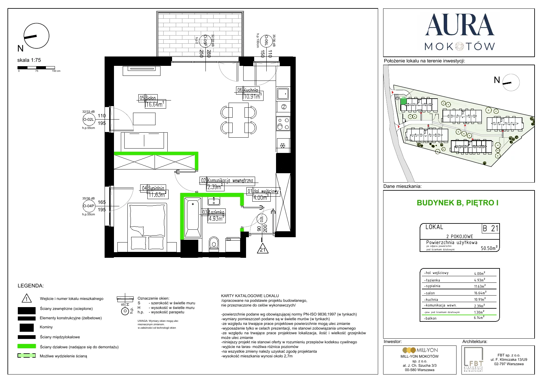 2 pokoje, mieszkanie 50,50 m², piętro 1, oferta nr B21, Aura Mokotów I, Warszawa, Mokotów, Siekierki, ul. Bluszczańska