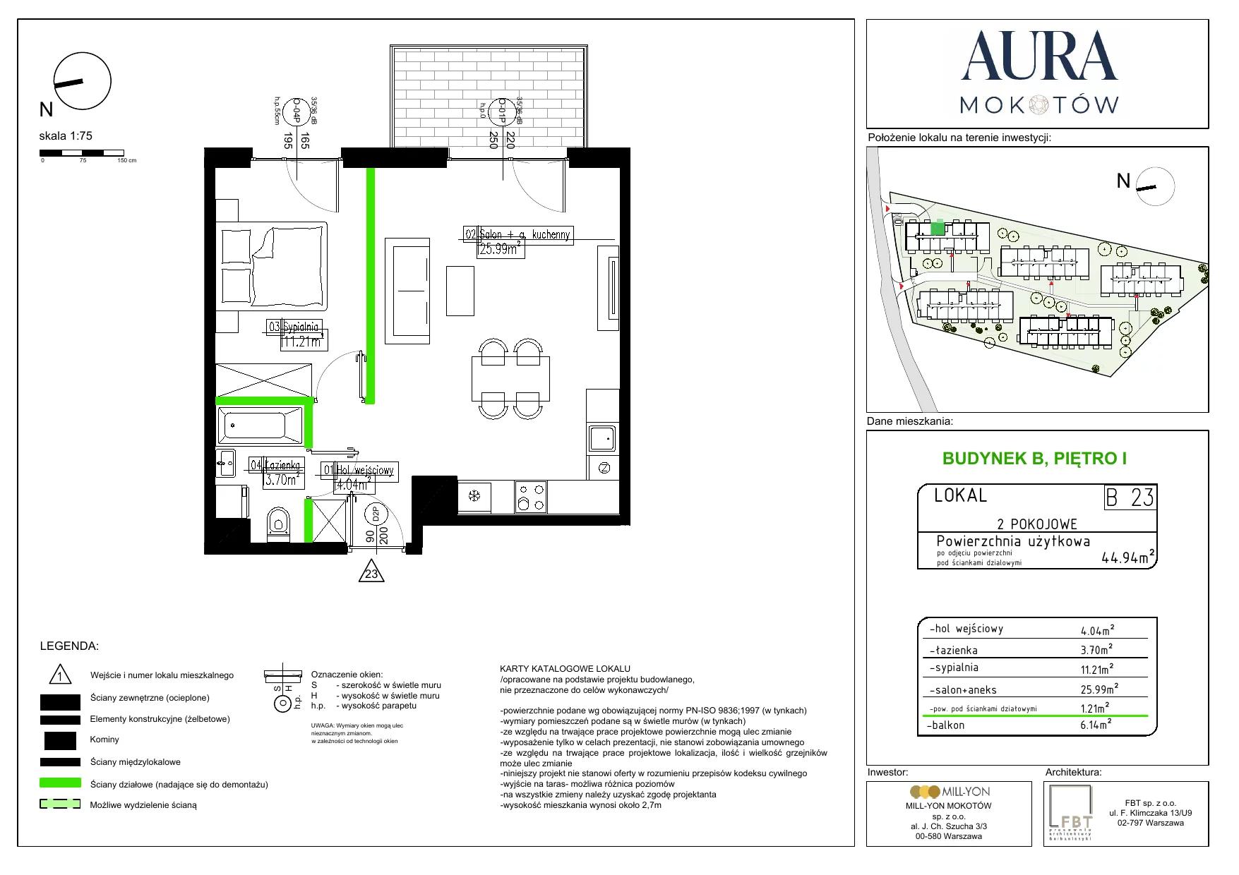 2 pokoje, mieszkanie 44,94 m², piętro 1, oferta nr B23, Aura Mokotów I, Warszawa, Mokotów, Siekierki, ul. Bluszczańska