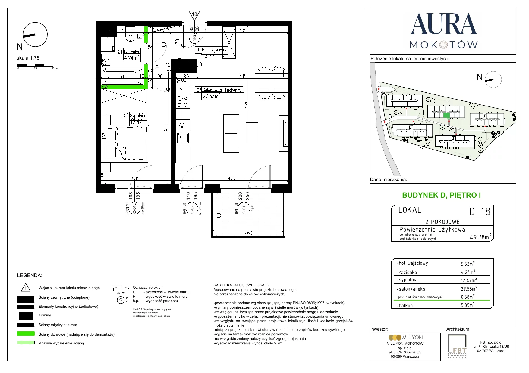 Mieszkanie 49,78 m², piętro 1, oferta nr D18, Aura Mokotów I, Warszawa, Mokotów, Siekierki, ul. Bluszczańska