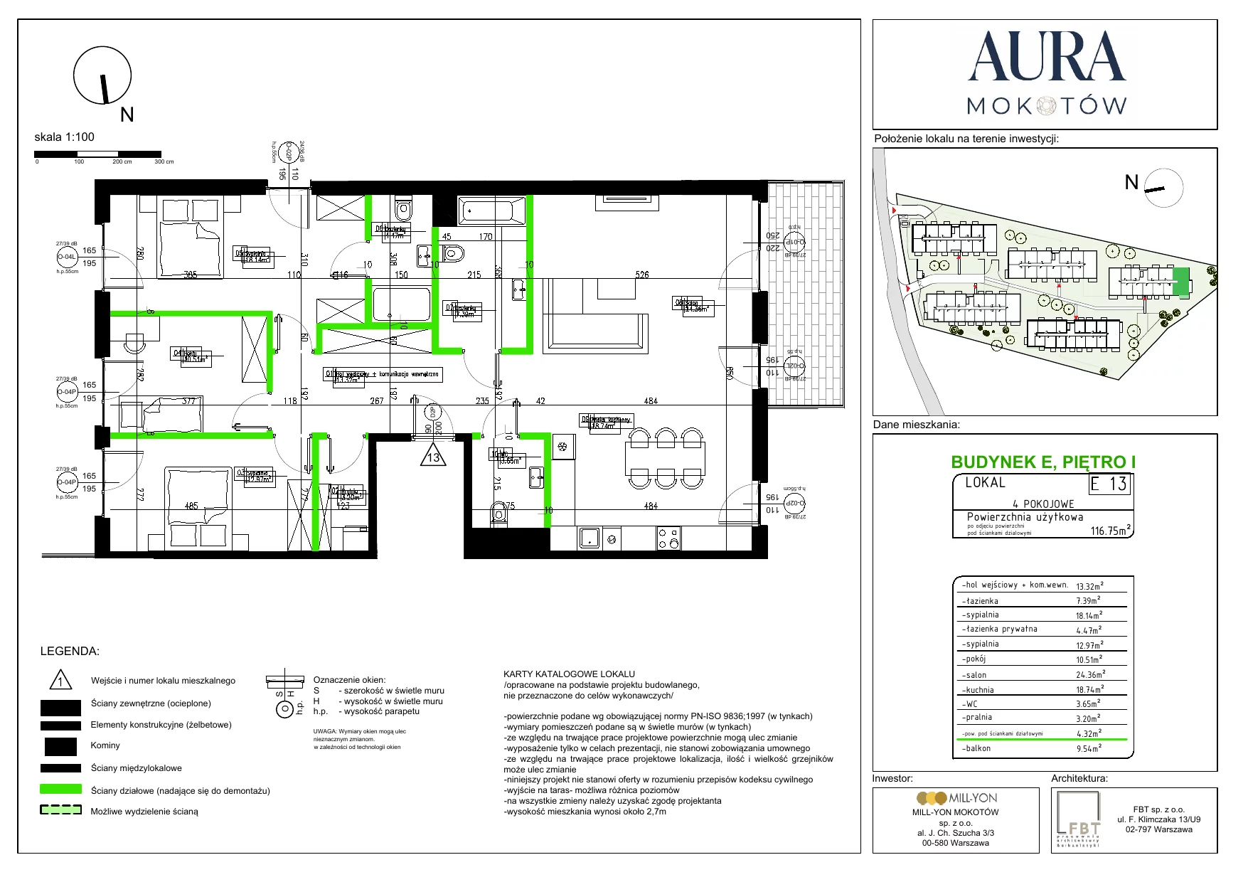 4 pokoje, mieszkanie 116,75 m², piętro 1, oferta nr E13, Aura Mokotów I, Warszawa, Mokotów, Siekierki, ul. Bluszczańska