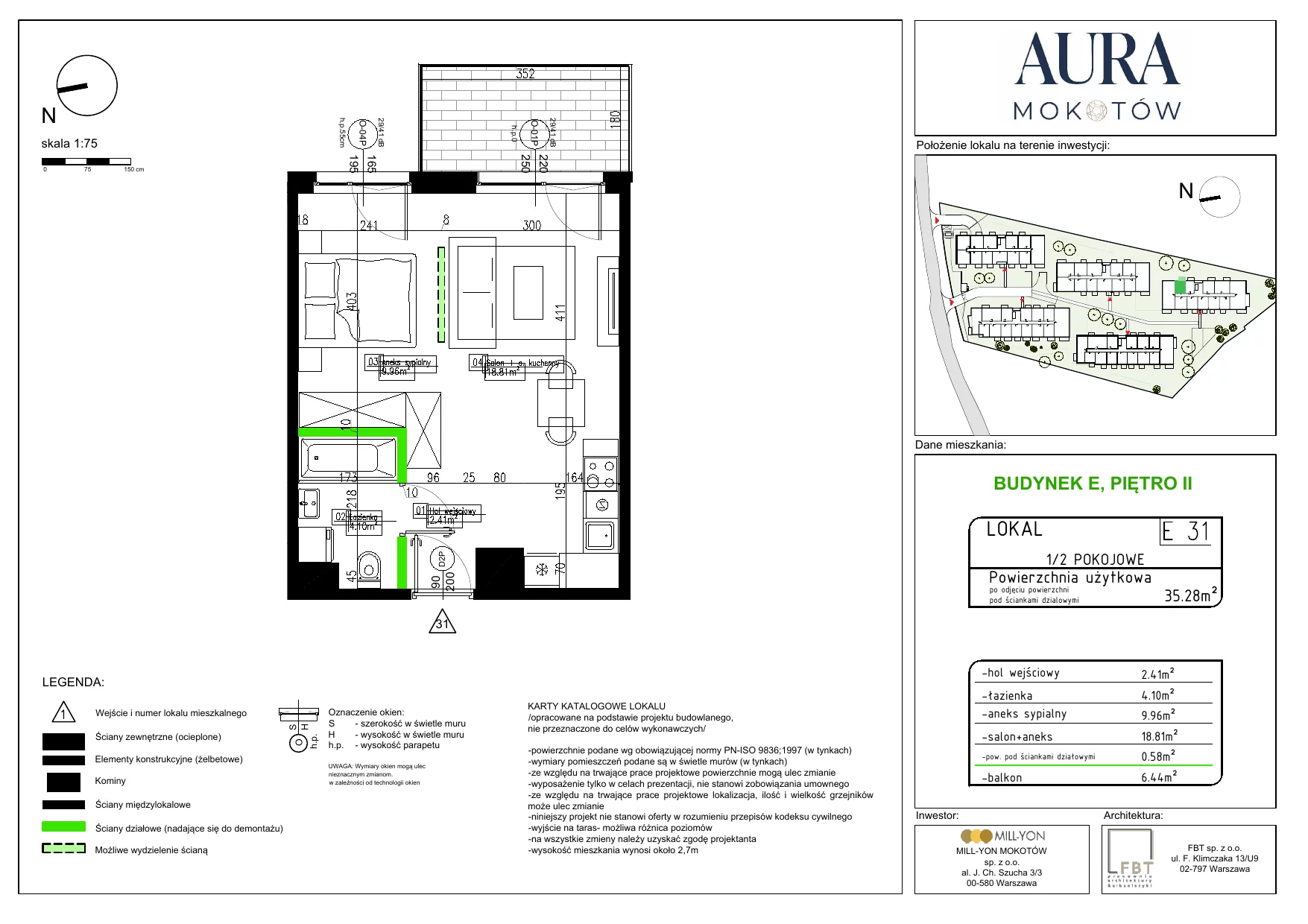 1 pokój, mieszkanie 35,28 m², piętro 2, oferta nr E31, Aura Mokotów I, Warszawa, Mokotów, Siekierki, ul. Bluszczańska