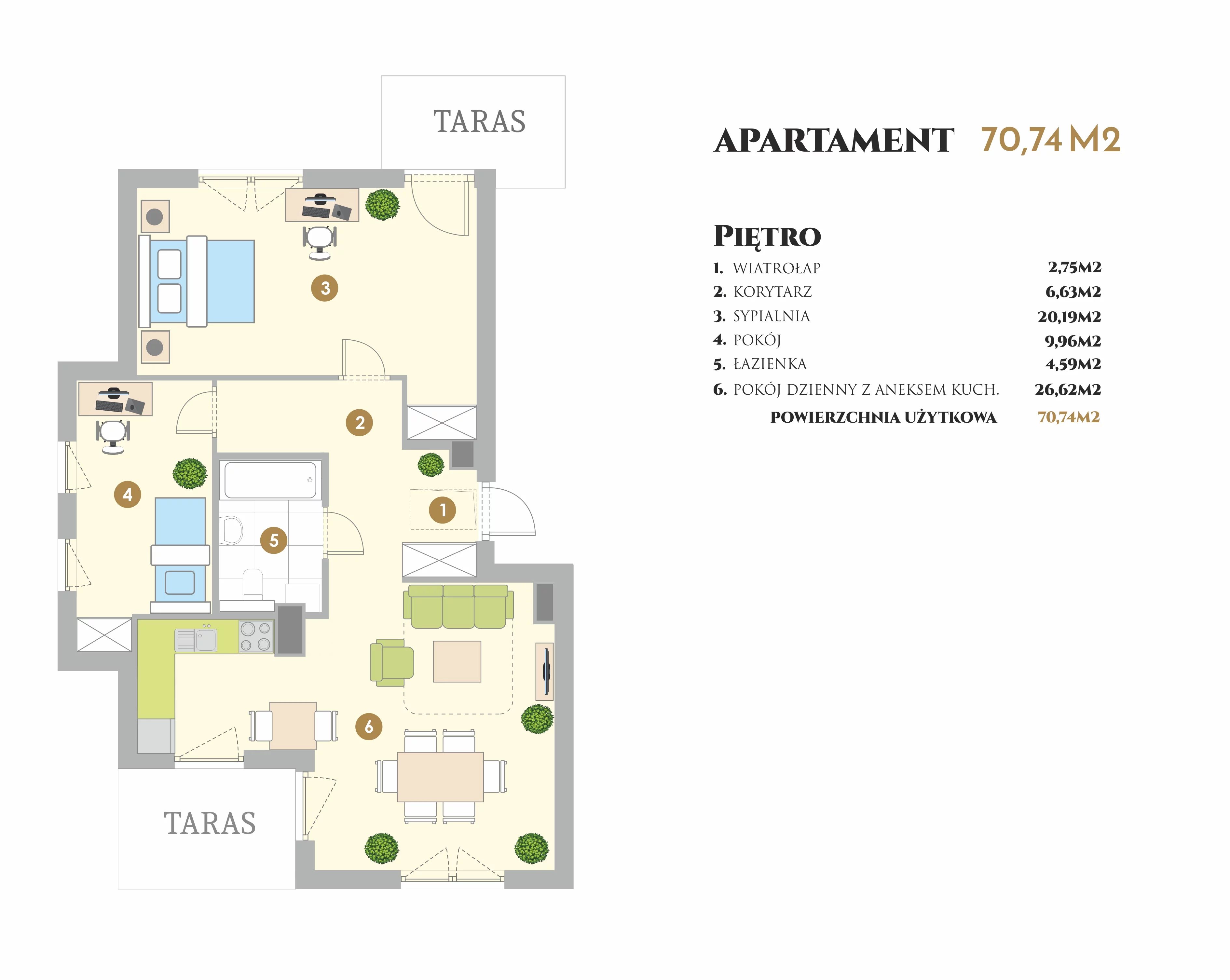 Apartament 70,74 m², piętro 1, oferta nr VI.3.2, Ogrody Tesoro VI, Pogórze, ul. Aleja Iberyjska