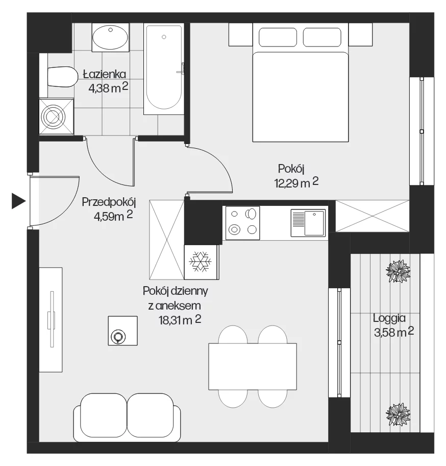 2 pokoje, mieszkanie 39,57 m², piętro 6, oferta nr mieszkanie G1-97, Piasta Park VI, Kraków, Mistrzejowice, Osiedle Piastów, Osiedle Piastów 63
