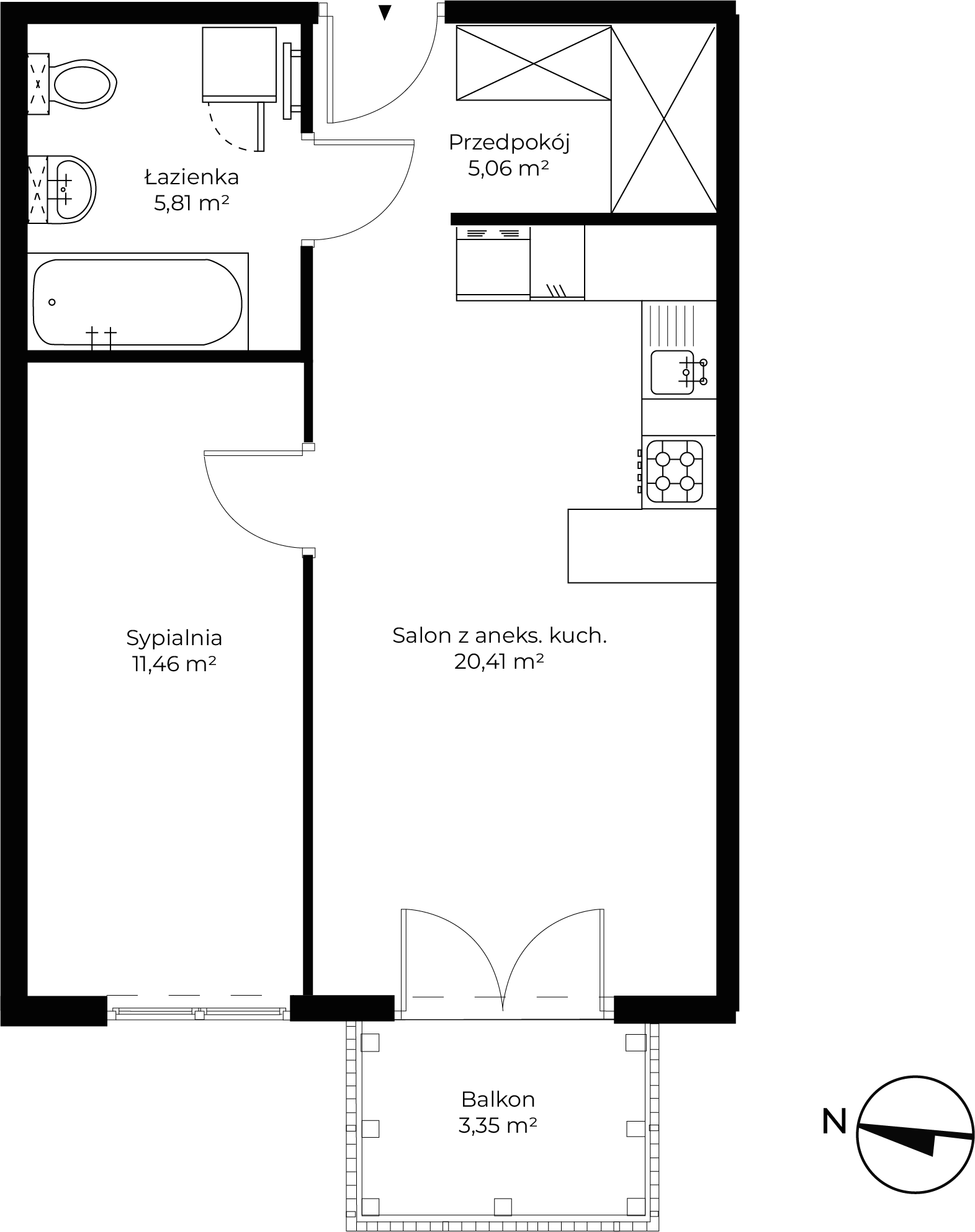 2 pokoje, mieszkanie 42,74 m², piętro 1, oferta nr C1.8, Enklawa Bukowa II, Kraków, Podgórze, Rybitwy, ul. Tadeusza Śliwiaka