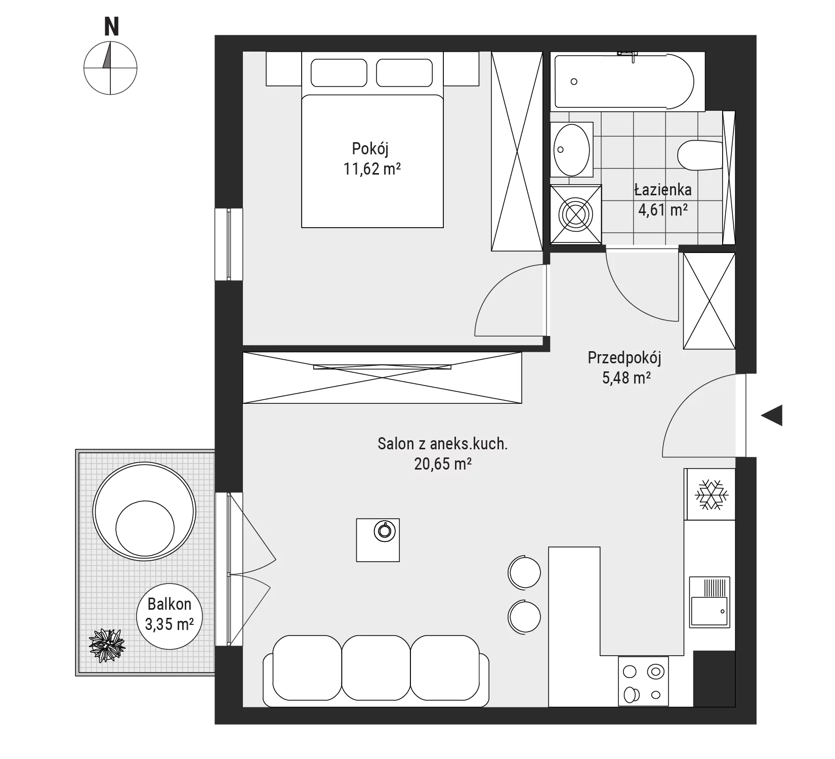 Mieszkanie 42,36 m², piętro 2, oferta nr mieszkanie A2.25, Enklawa Bukowa, Kraków, Podgórze, Rybitwy, ul. Tadeusza Śliwiaka