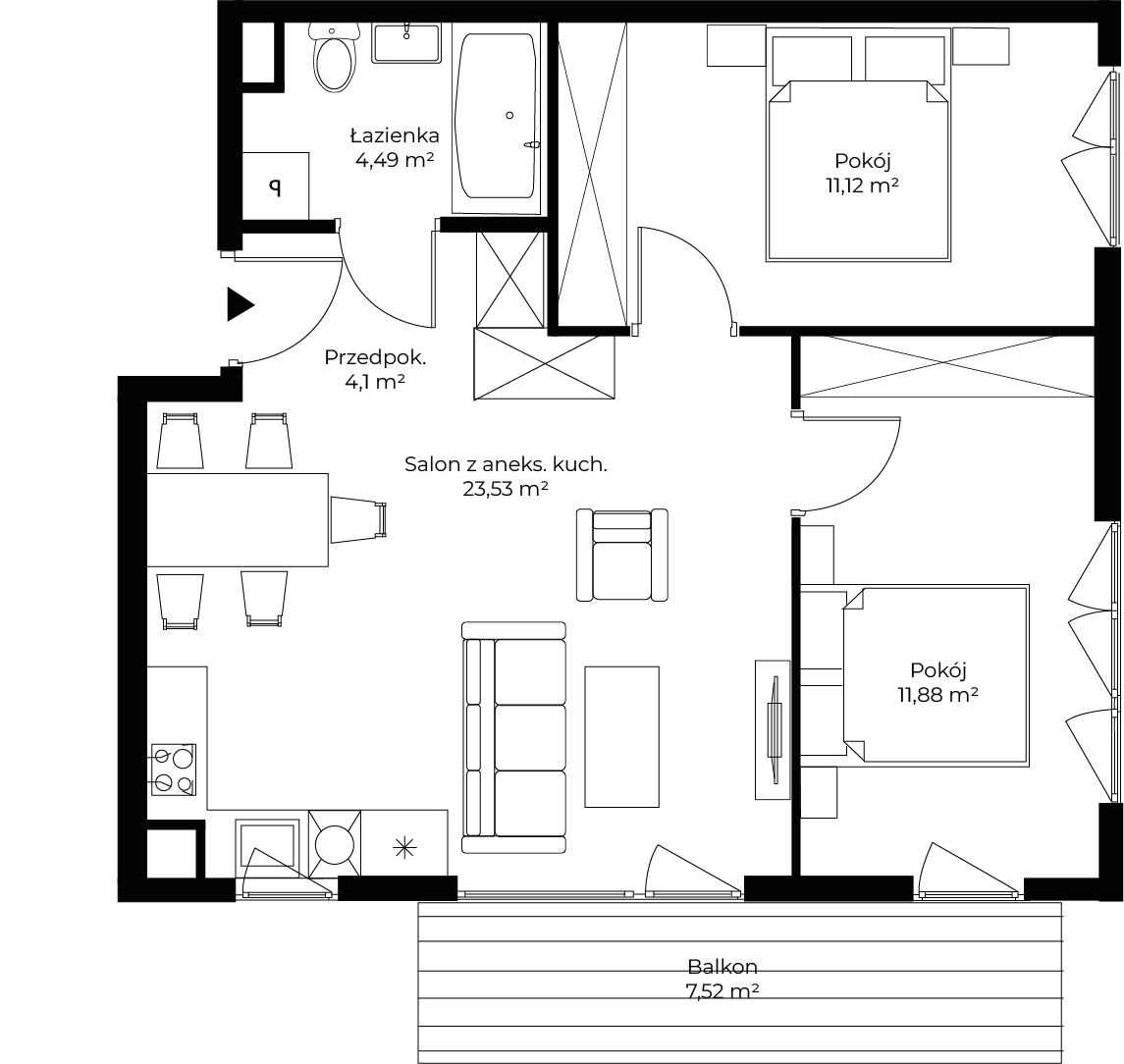 3 pokoje, mieszkanie 55,12 m², piętro 1, oferta nr mieszkanie 124, Mikusińskiego 25, Katowice, Wełnowiec-Józefowiec, Wełnowiec, ul. Jana Mikusińskiego 25