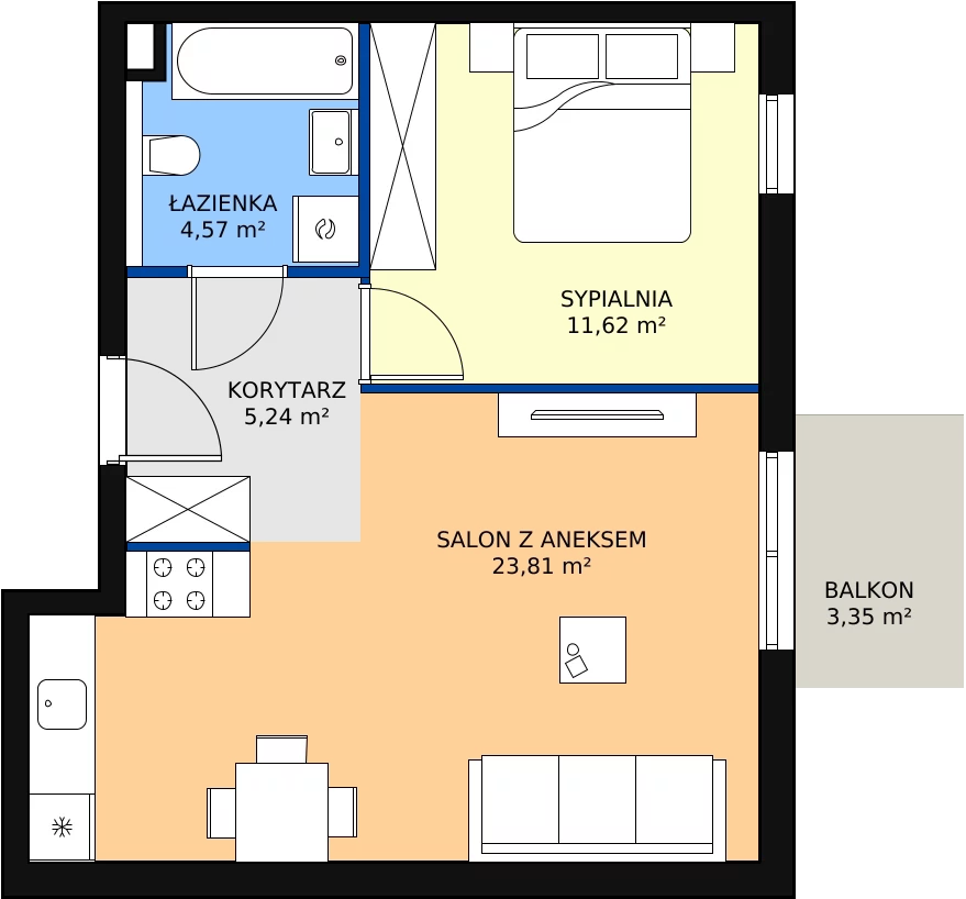 Zalety mieszkania 46 m², mieszkanie A5.3
