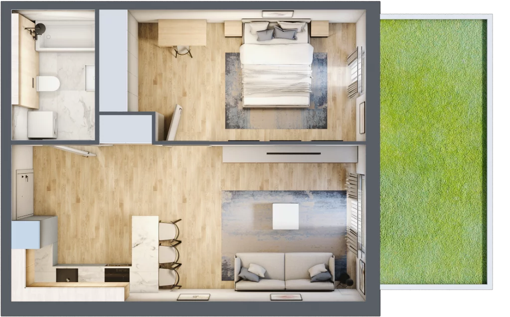 2 pokoje, mieszkanie 46,94 m², parter, oferta nr mieszkanie A0.17, Enklawa Bukowa, Kraków, Podgórze, Rybitwy, ul. Bukowa 67