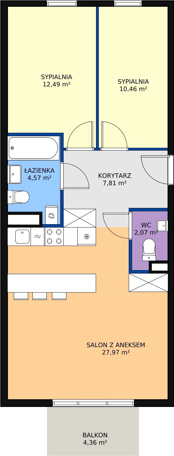 3 pokoje, mieszkanie 65,37 m², piętro 1, oferta nr B1.14, Enklawa Bukowa II, Kraków, Podgórze, Rybitwy, ul. Bukowa 65 i 69