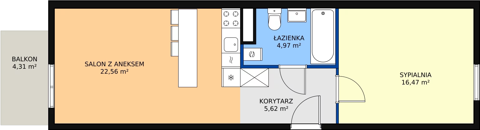 2 pokoje, mieszkanie 49,62 m², piętro 1, oferta nr B1.3, Enklawa Bukowa II, Kraków, Podgórze, Rybitwy, ul. Bukowa 65 i 69