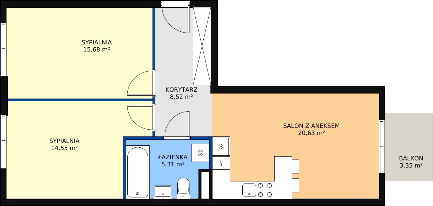 3 pokoje, mieszkanie 64,69 m², piętro 3, oferta nr C3.13, Enklawa Bukowa II, Kraków, Podgórze, Rybitwy, ul. Bukowa 65 i 69