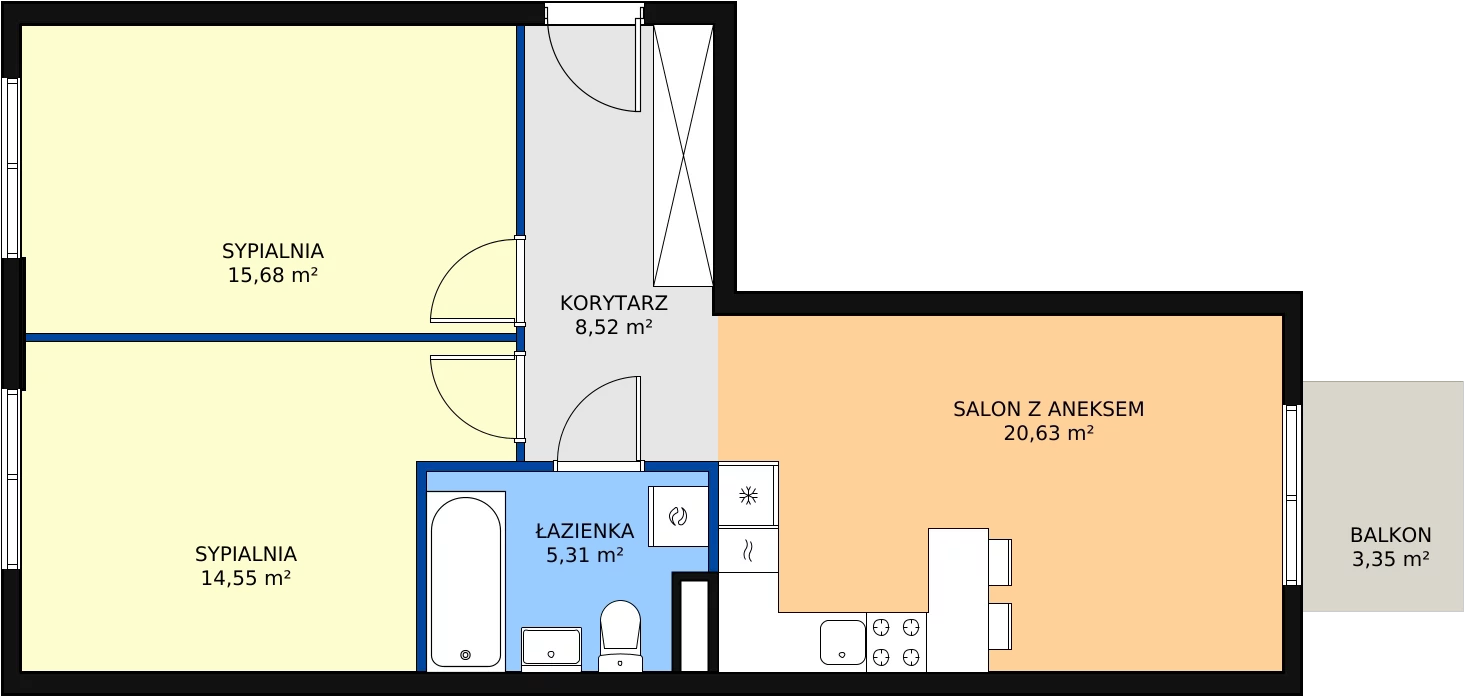 3 pokoje, mieszkanie 64,69 m², piętro 2, oferta nr C2.13, Enklawa Bukowa II, Kraków, Podgórze, Rybitwy, ul. Bukowa 65 i 69