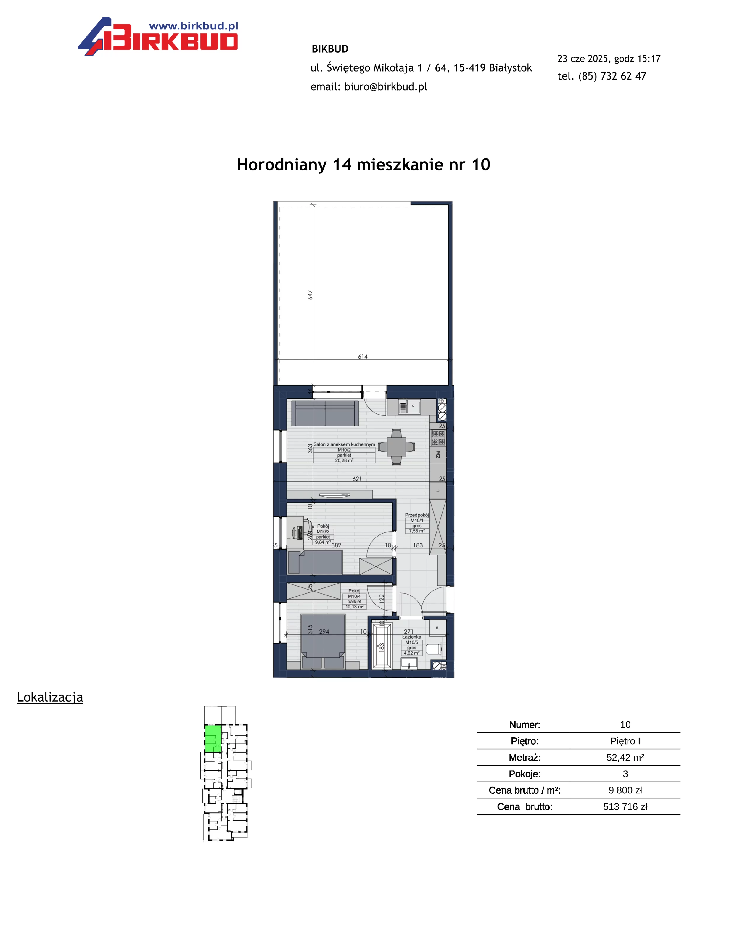 3 pokoje, mieszkanie 52,42 m², piętro 1, oferta nr 10, Złote Kaskady III, Białystok, Horodniany 14