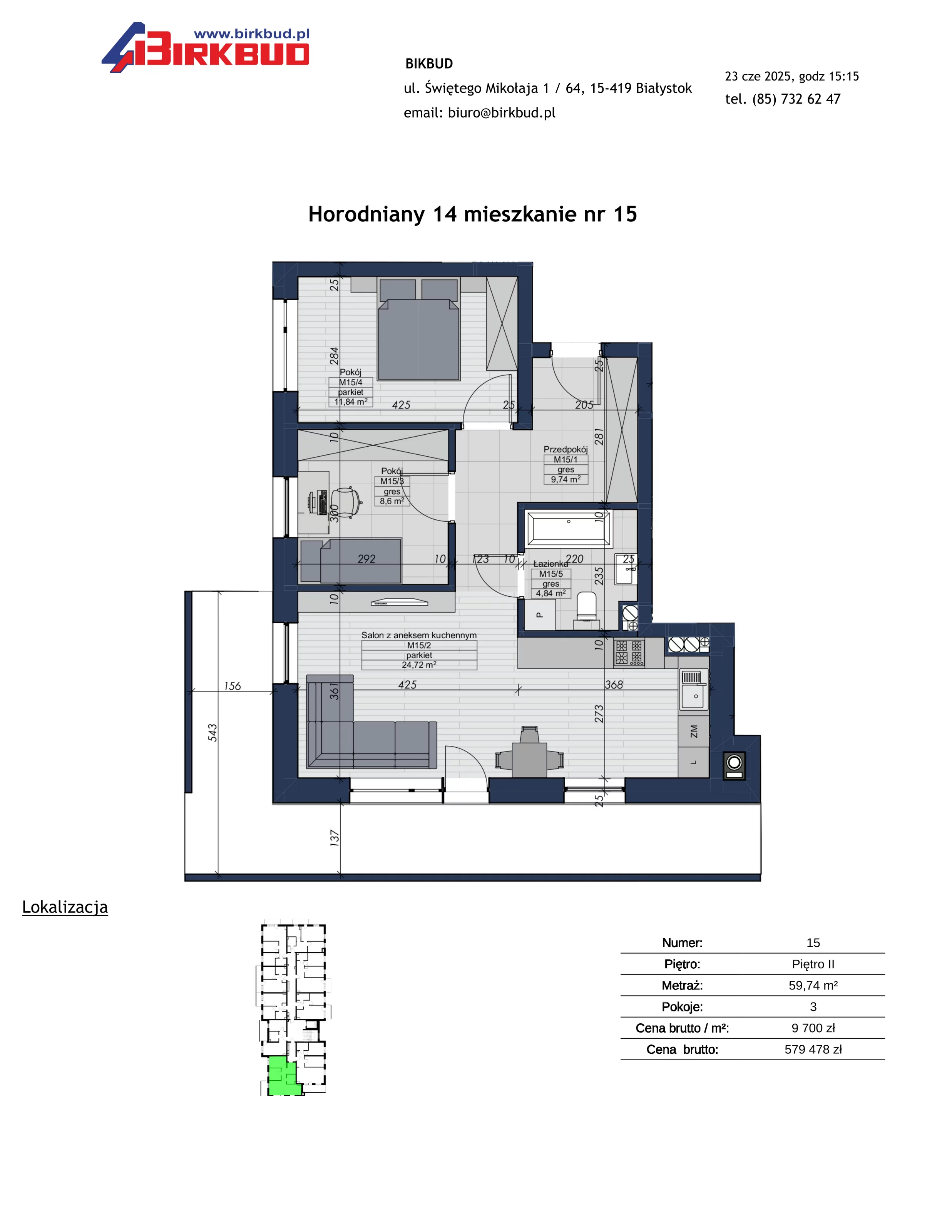 3 pokoje, mieszkanie 59,74 m², piętro 2, oferta nr 15, Złote Kaskady III, Białystok, Horodniany 14