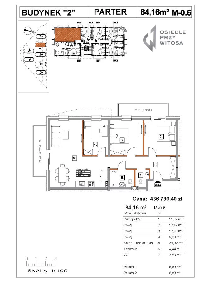 3 pokoje, mieszkanie 84,00 m², piętro 1, oferta nr , 24738, Kołobrzeg, Witosa