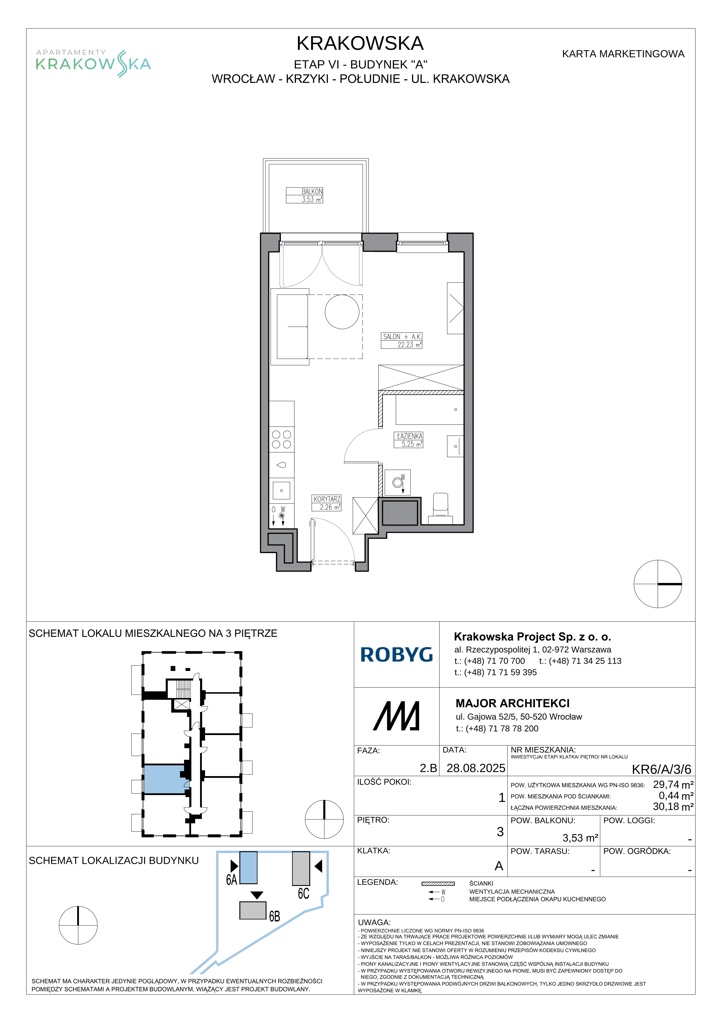 1 pokój, mieszkanie 29,74 m², piętro 3, oferta nr KR6/A/3/6, Apartamenty Krakowska 6, Wrocław, Przedmieście Oławskie, Krzyki, ul. Krakowska