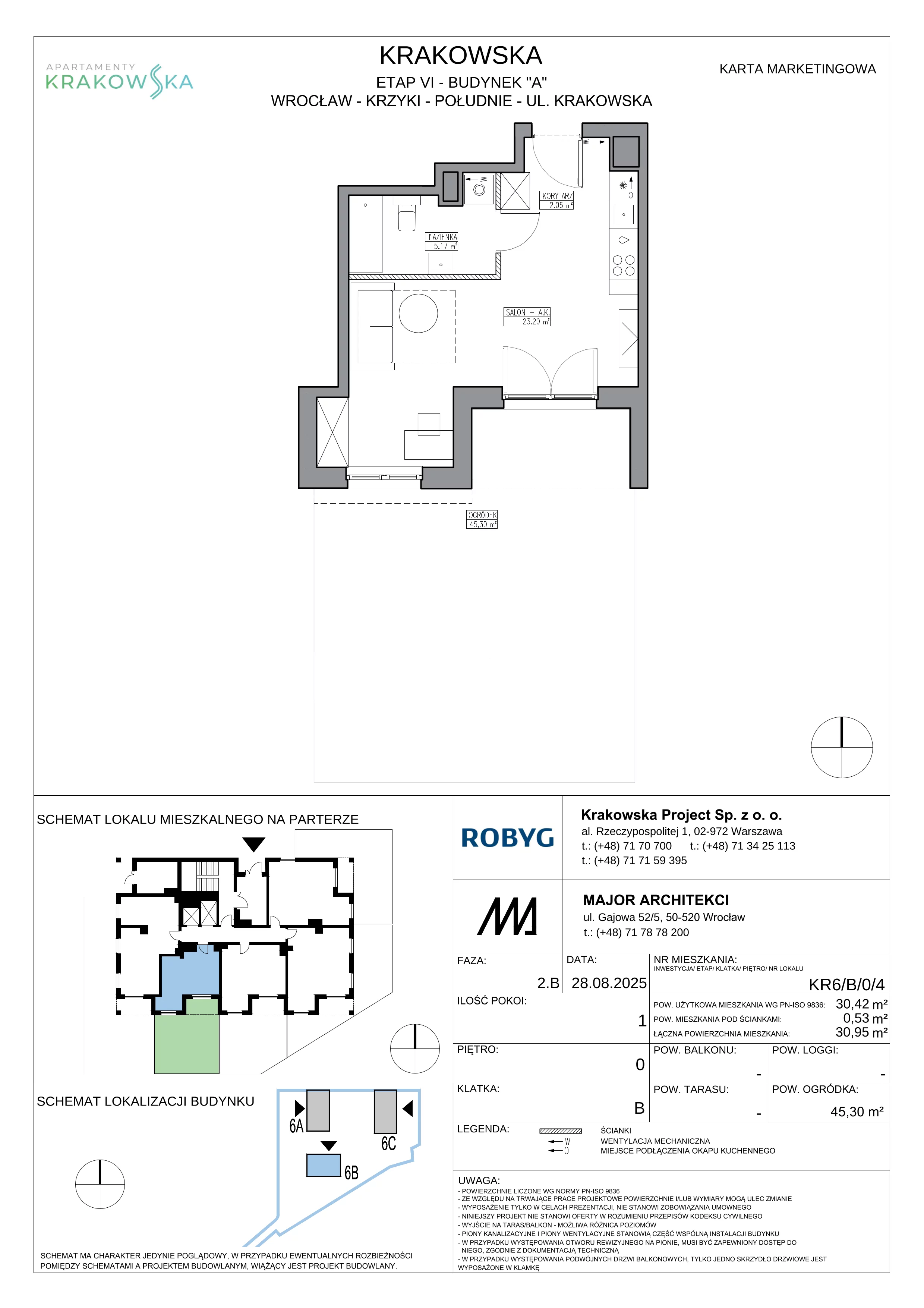 1 pokój, mieszkanie 30,42 m², parter, oferta nr KR6/B/0/4, Apartamenty Krakowska 6, Wrocław, Przedmieście Oławskie, Krzyki, ul. Krakowska