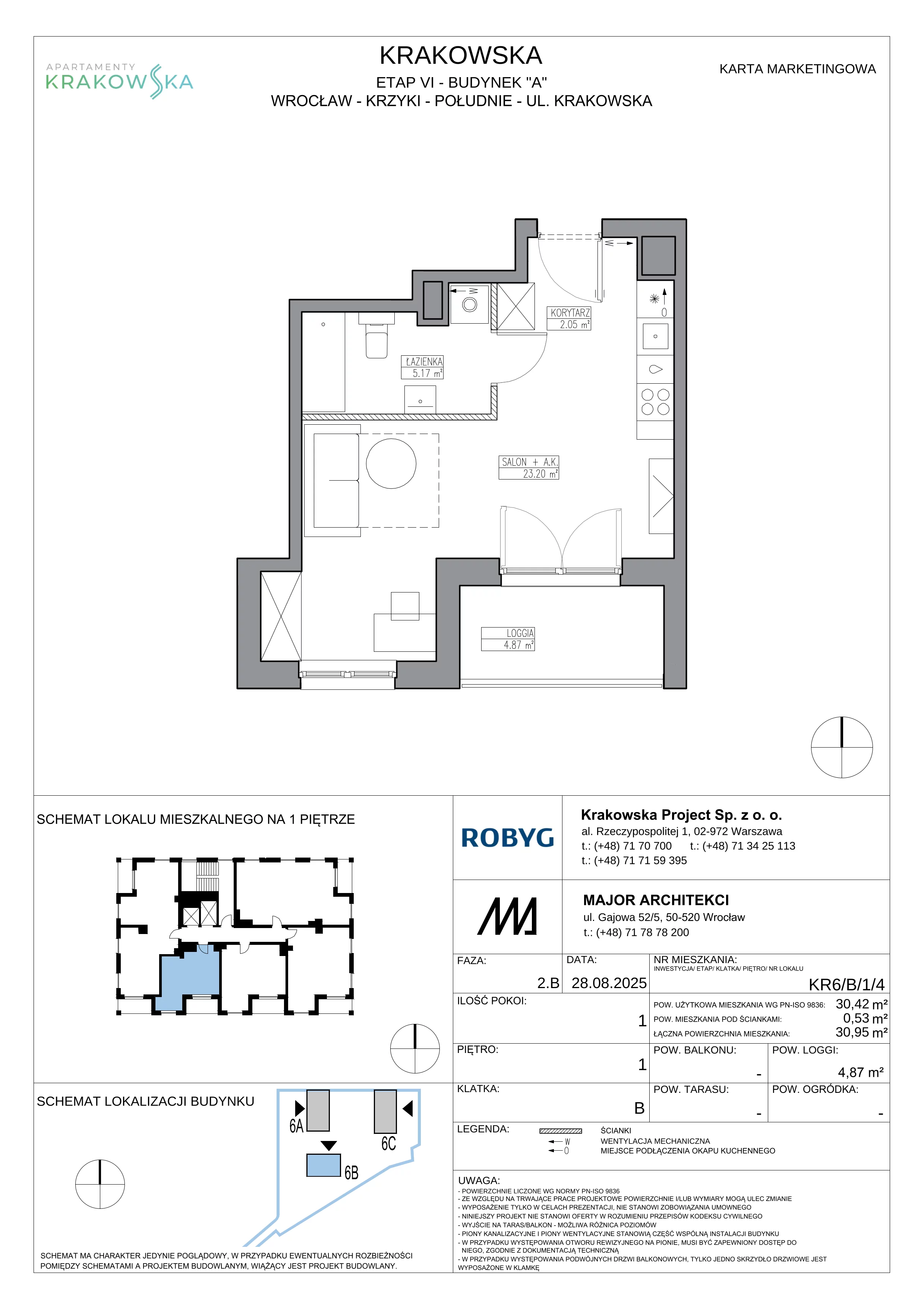 1 pokój, mieszkanie 30,42 m², piętro 1, oferta nr KR6/B/1/4, Apartamenty Krakowska 6, Wrocław, Przedmieście Oławskie, Krzyki, ul. Krakowska