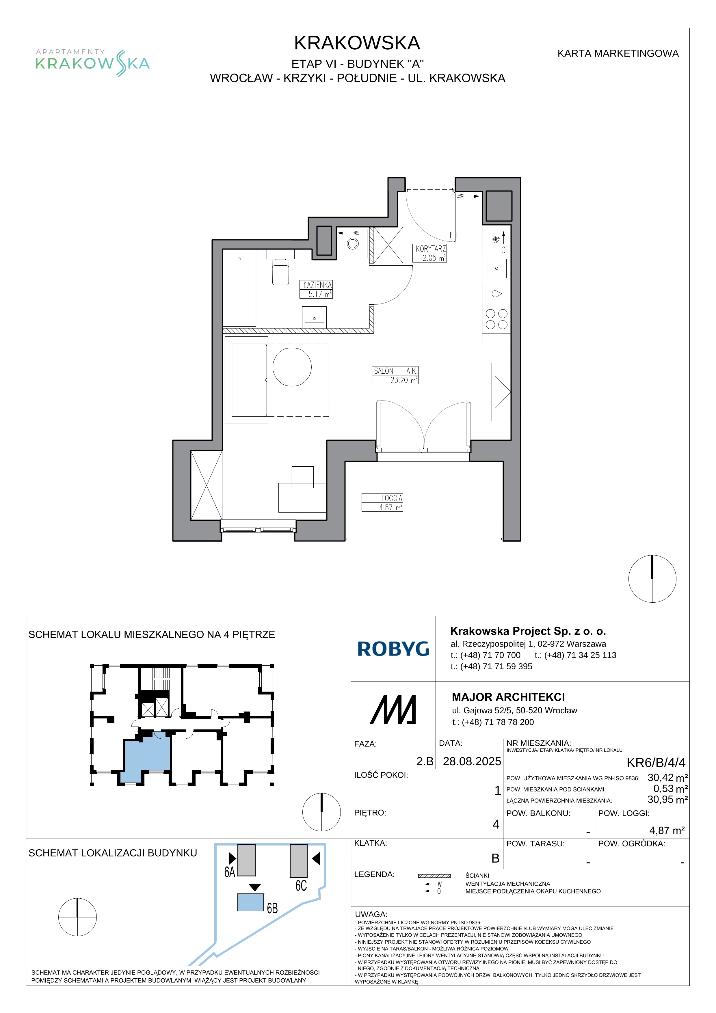 1 pokój, mieszkanie 30,42 m², piętro 4, oferta nr KR6/B/4/4, Apartamenty Krakowska 6, Wrocław, Przedmieście Oławskie, Krzyki, ul. Krakowska
