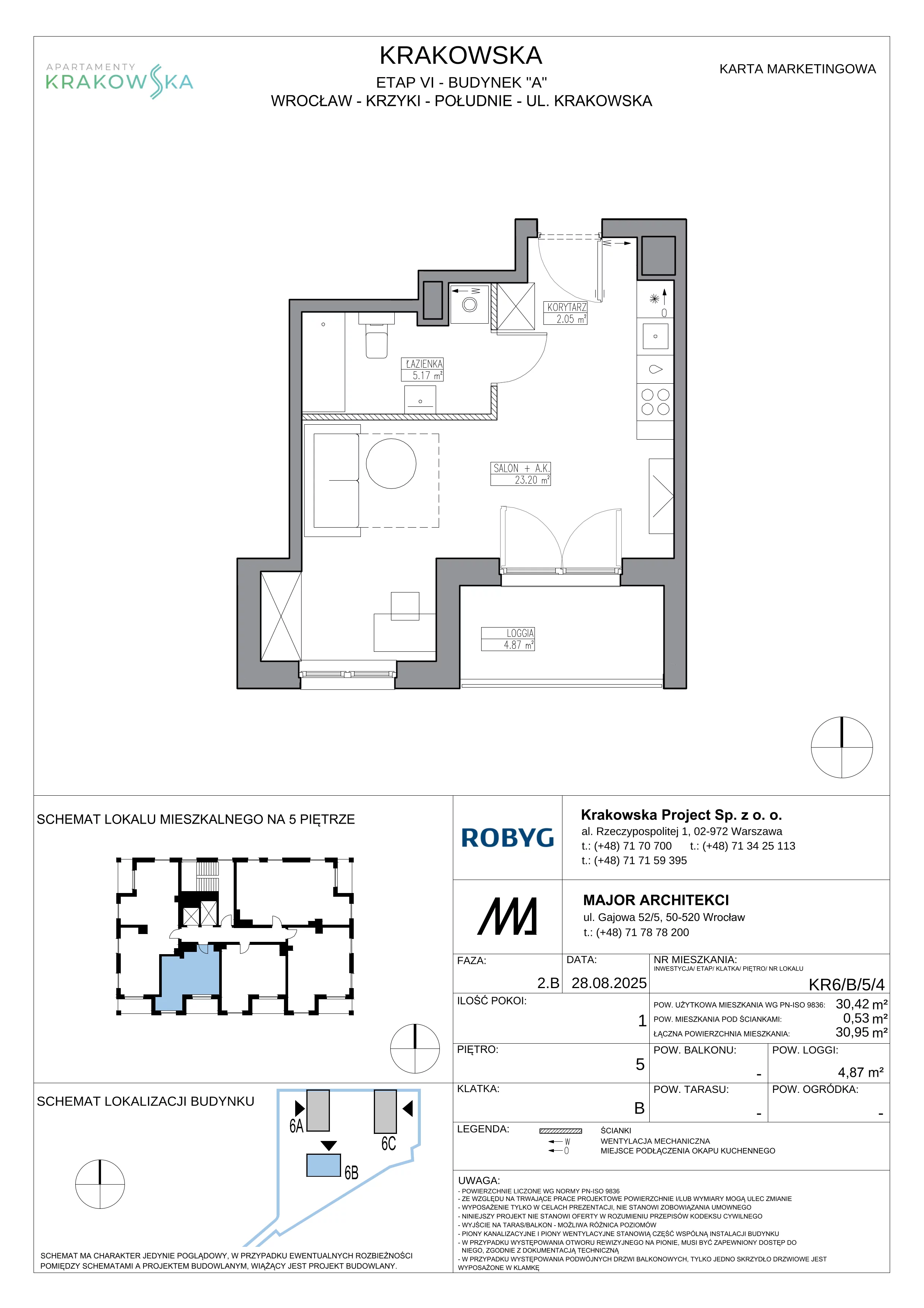 1 pokój, mieszkanie 30,42 m², piętro 5, oferta nr KR6/B/5/4, Apartamenty Krakowska 6, Wrocław, Przedmieście Oławskie, Krzyki, ul. Krakowska