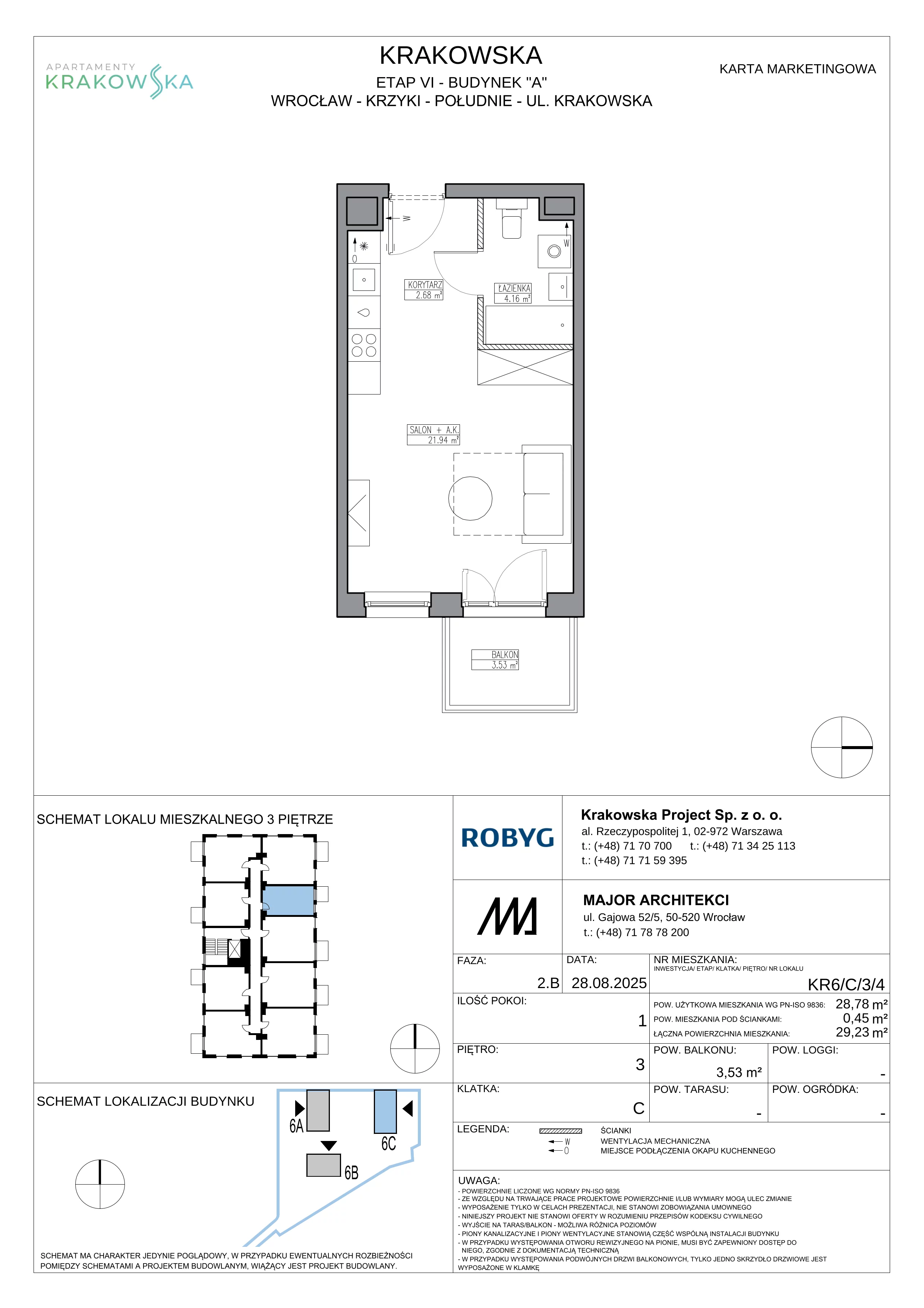 1 pokój, mieszkanie 28,78 m², piętro 3, oferta nr KR6/C/3/4, Apartamenty Krakowska 6, Wrocław, Przedmieście Oławskie, Krzyki, ul. Krakowska