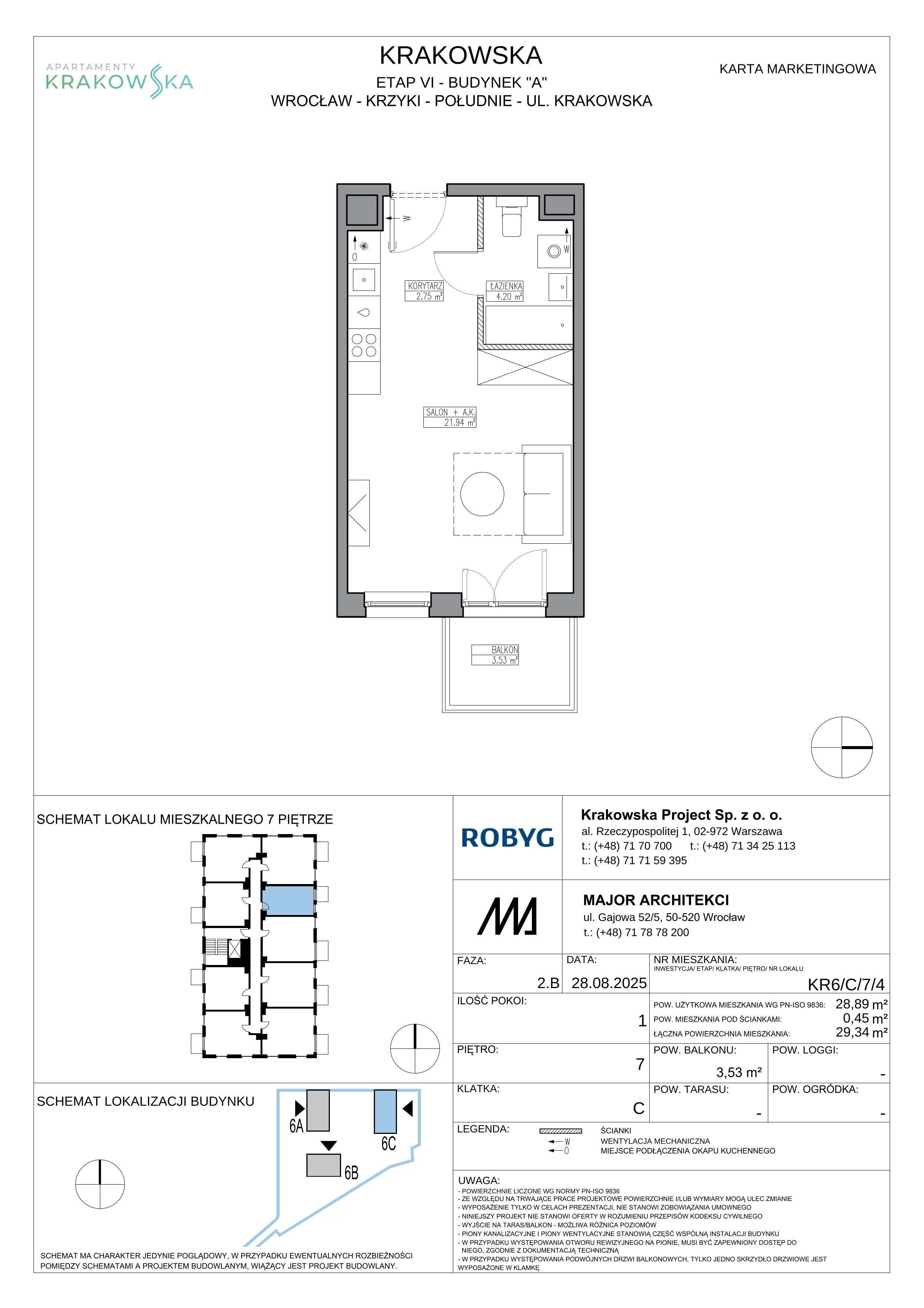 1 pokój, mieszkanie 28,89 m², piętro 7, oferta nr KR6/C/7/4, Apartamenty Krakowska 6, Wrocław, Przedmieście Oławskie, Krzyki, ul. Krakowska