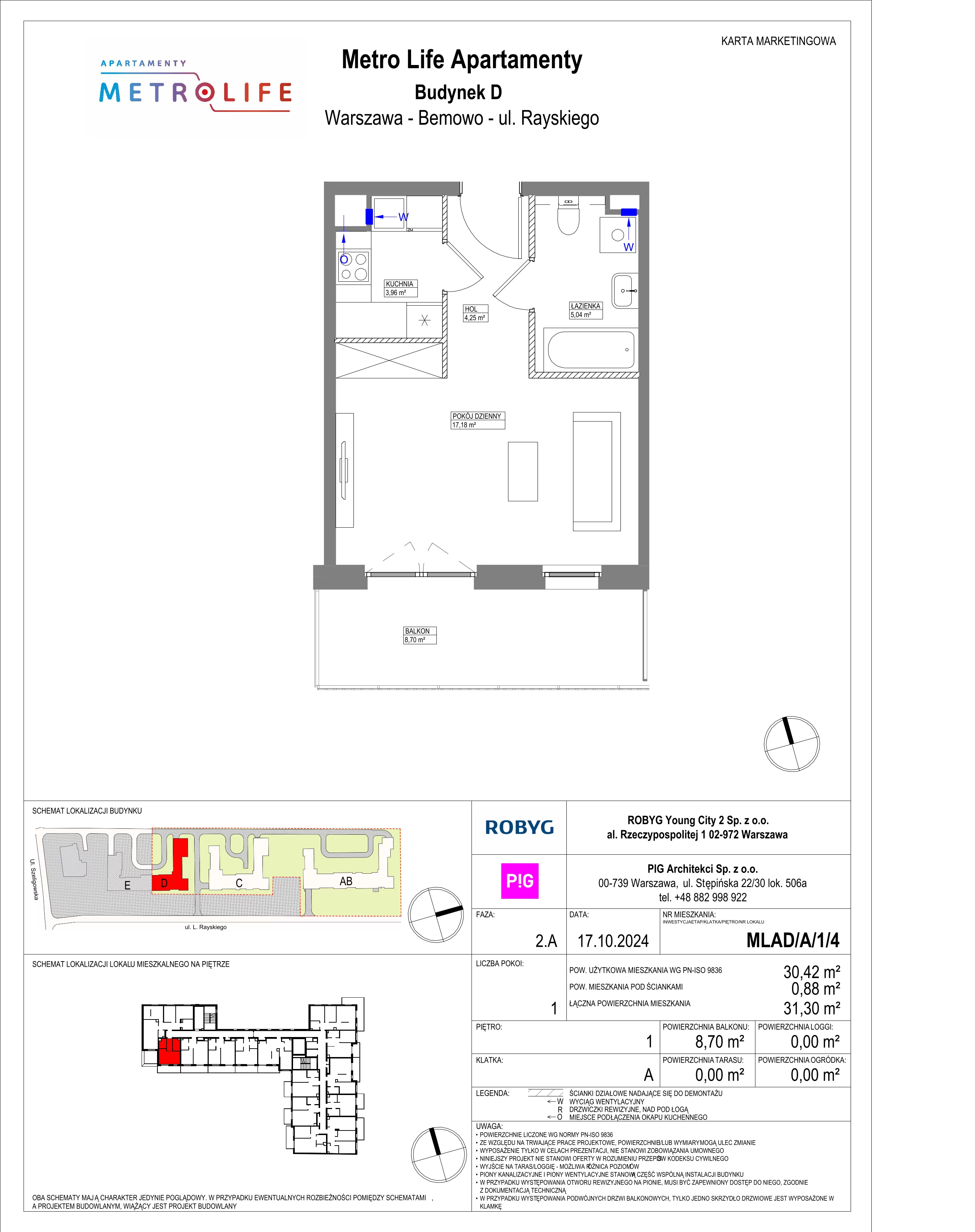 1 pokój, mieszkanie 30,42 m², piętro 1, oferta nr MLAD/A/1/4, Metro Life Apartamenty, Warszawa, Bemowo, Chrzanów, ul. Rayskiego
