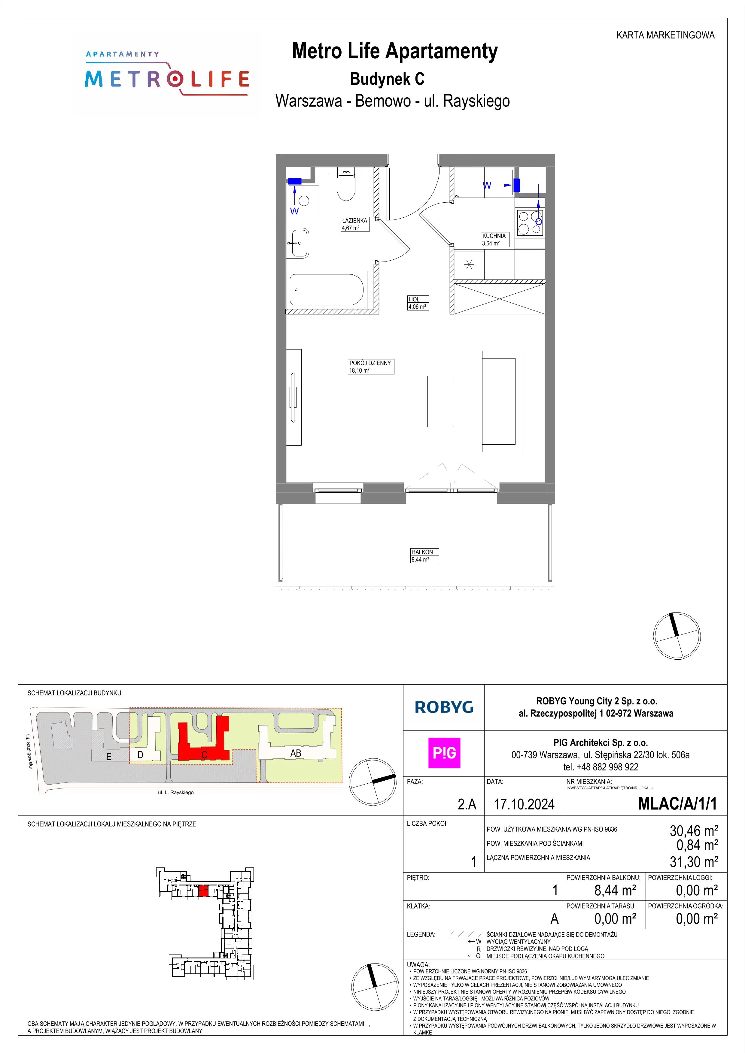 1 pokój, mieszkanie 30,46 m², piętro 1, oferta nr MLAC/A/1/1, Metro Life Apartamenty, Warszawa, Bemowo, Chrzanów, ul. Rayskiego