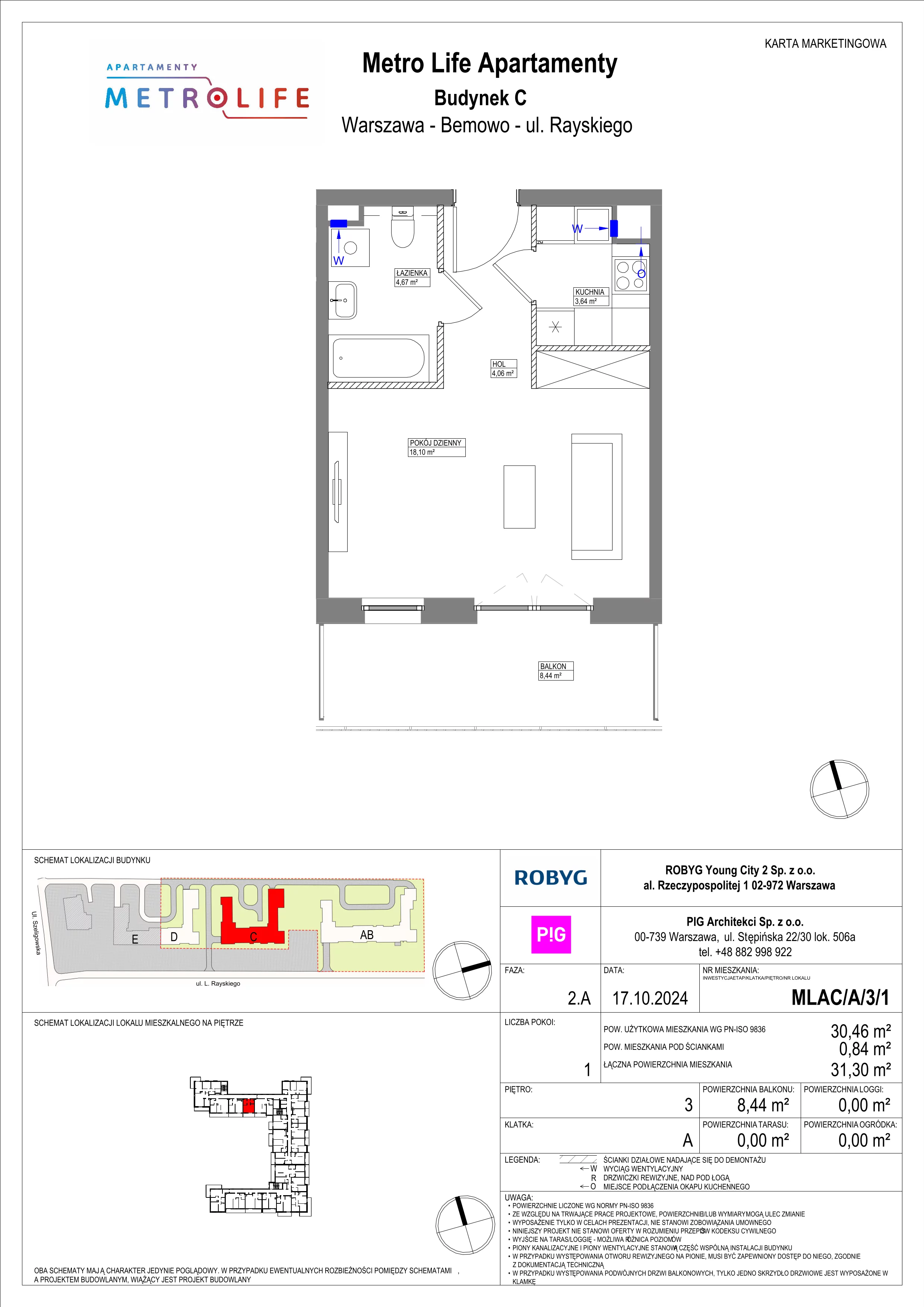 1 pokój, mieszkanie 30,46 m², piętro 3, oferta nr MLAC/A/3/1, Metro Life Apartamenty, Warszawa, Bemowo, Chrzanów, ul. Rayskiego
