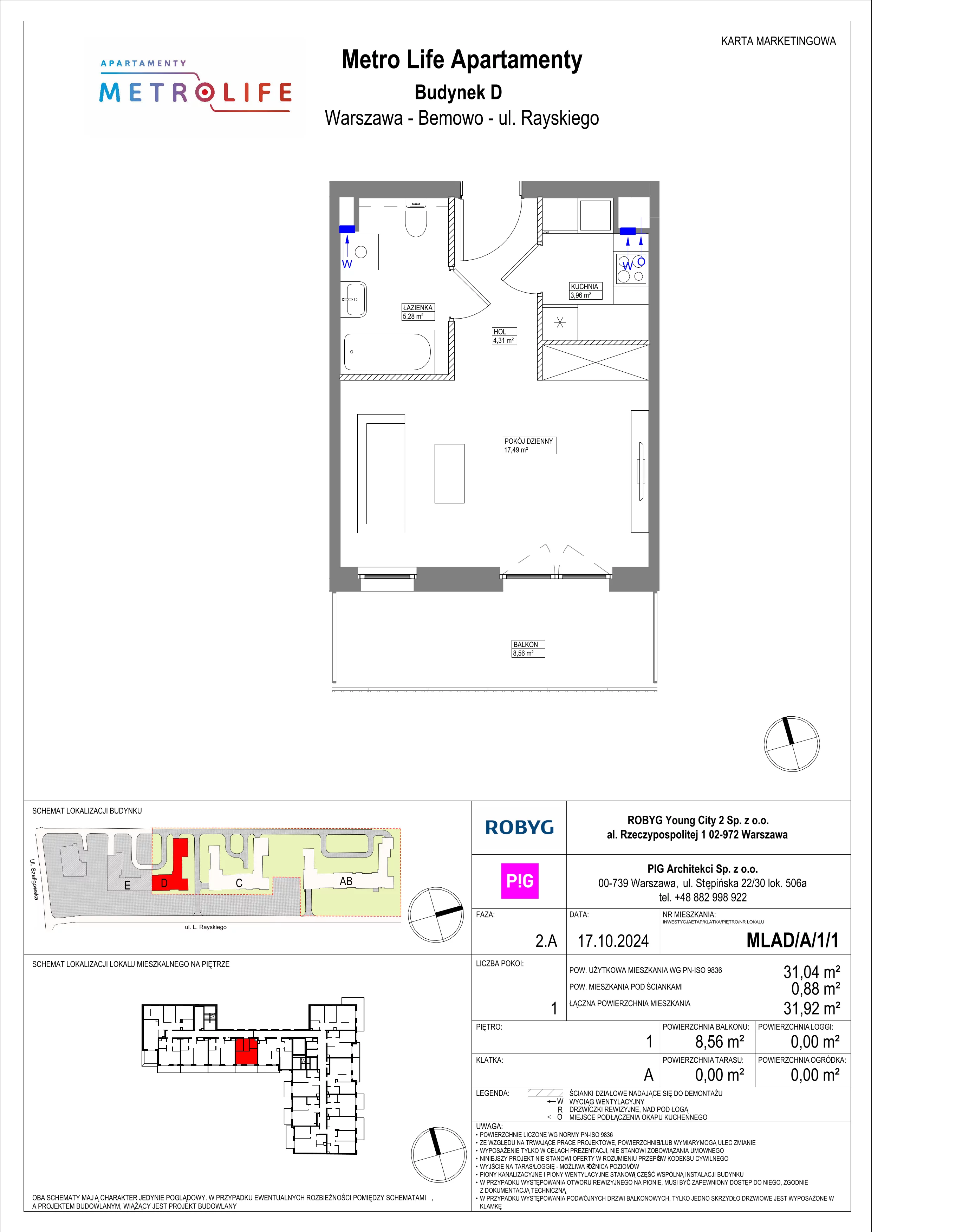 1 pokój, mieszkanie 31,04 m², piętro 1, oferta nr MLAD/A/1/1, Metro Life Apartamenty, Warszawa, Bemowo, Chrzanów, ul. Rayskiego