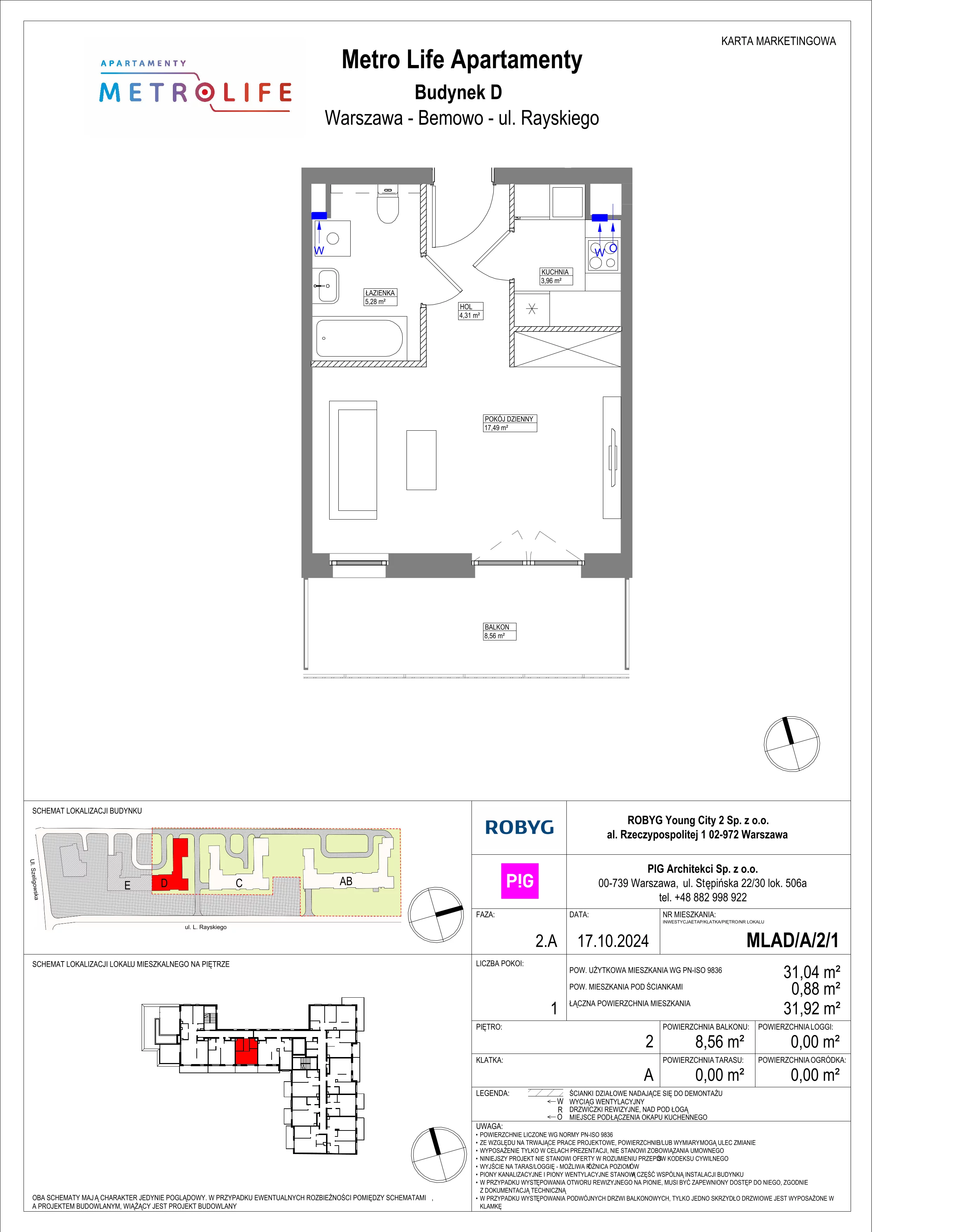 1 pokój, mieszkanie 31,04 m², piętro 2, oferta nr MLAD/A/2/1, Metro Life Apartamenty, Warszawa, Bemowo, Chrzanów, ul. Rayskiego