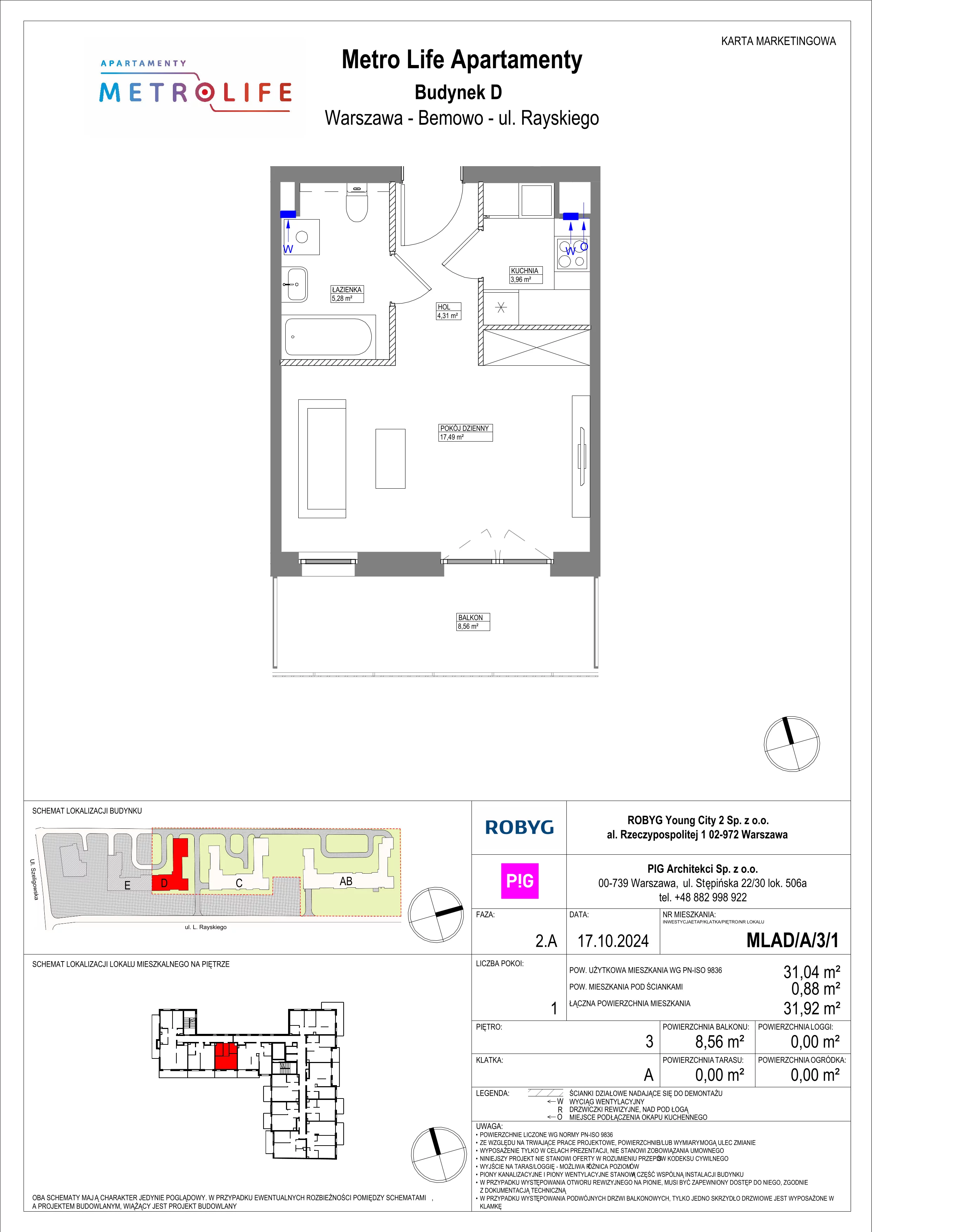 1 pokój, mieszkanie 31,04 m², piętro 3, oferta nr MLAD/A/3/1, Metro Life Apartamenty, Warszawa, Bemowo, Chrzanów, ul. Rayskiego