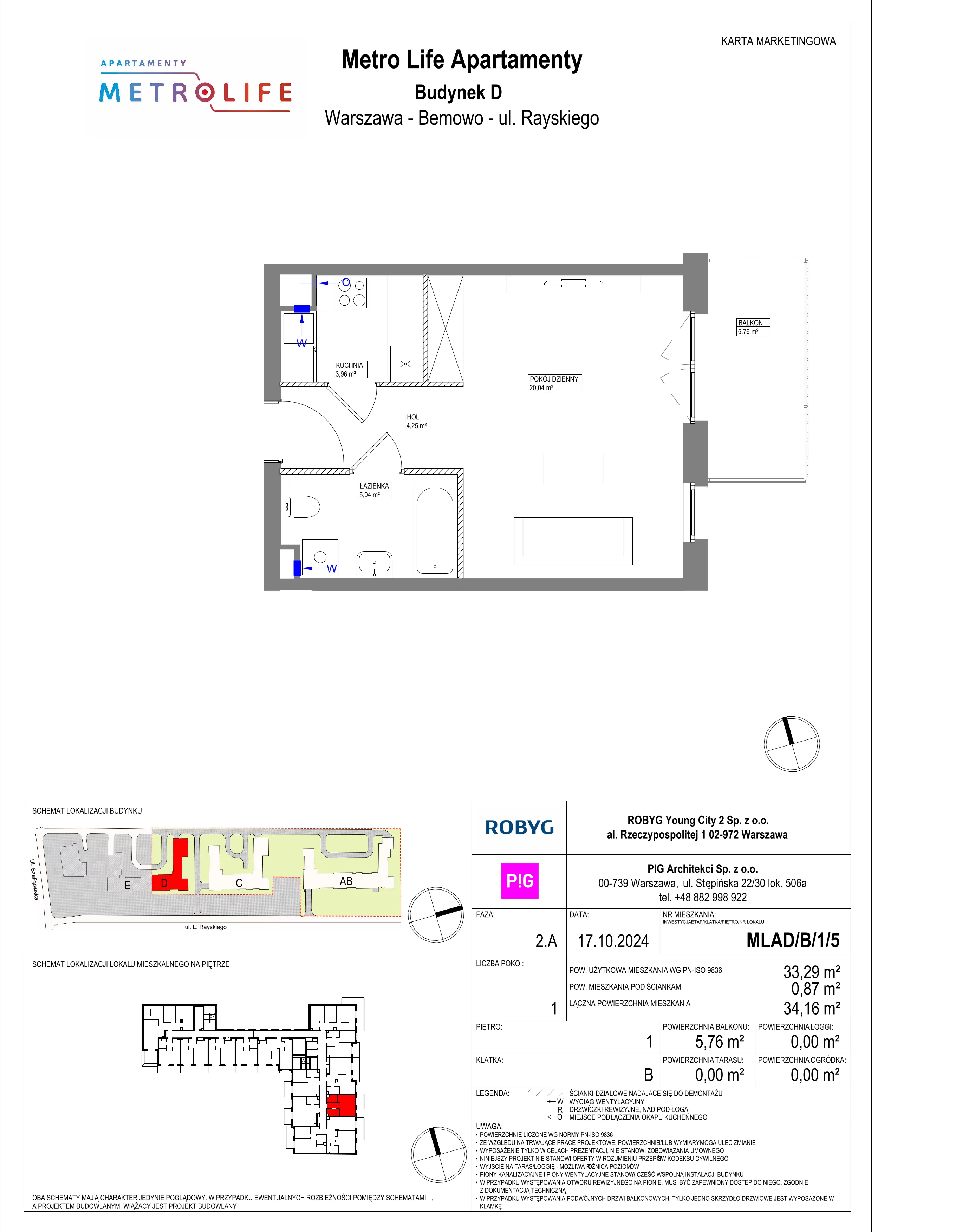 1 pokój, mieszkanie 33,29 m², piętro 1, oferta nr MLAD/B/1/5, Metro Life Apartamenty, Warszawa, Bemowo, Chrzanów, ul. Rayskiego