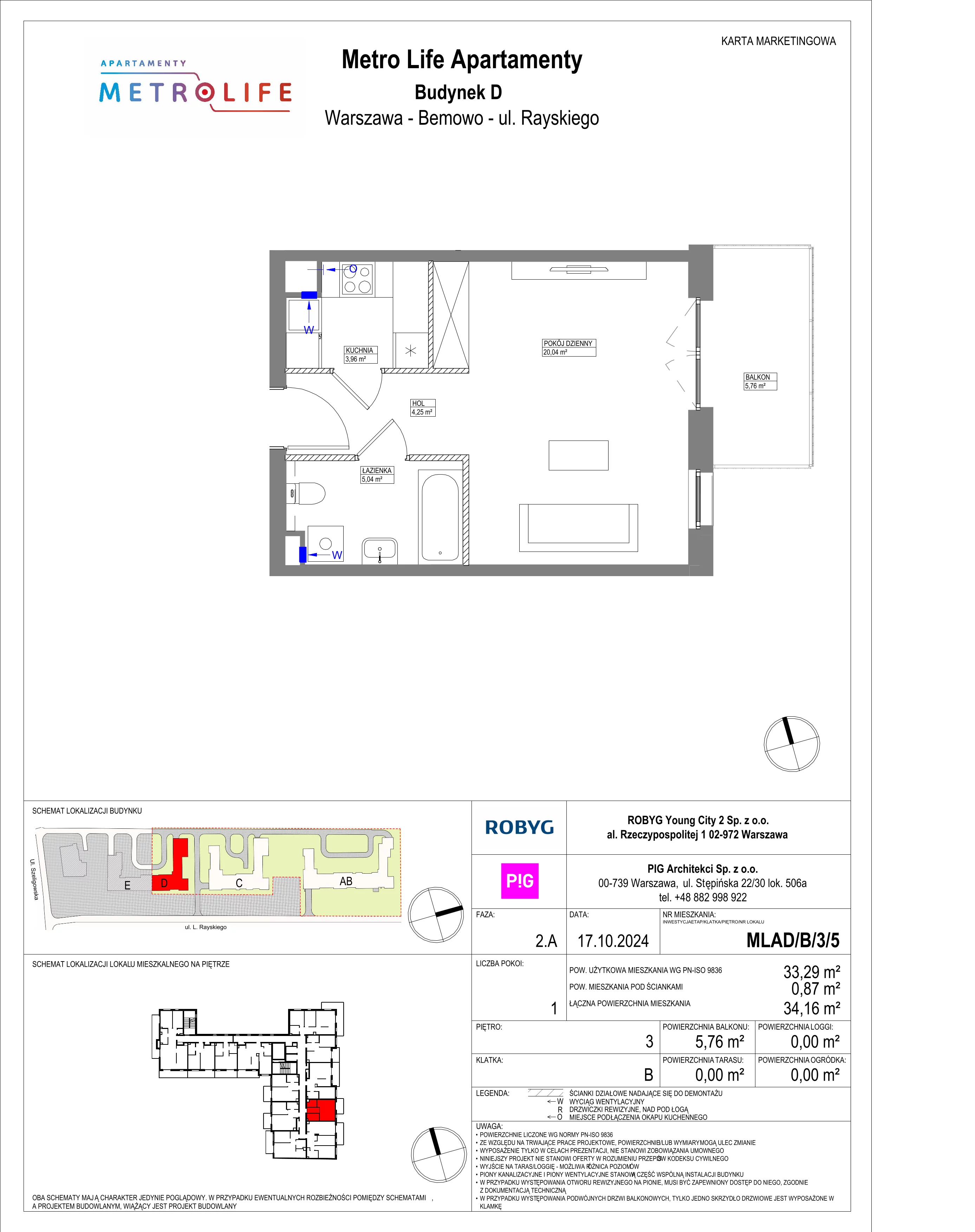 1 pokój, mieszkanie 33,29 m², piętro 3, oferta nr MLAD/B/3/5, Metro Life Apartamenty, Warszawa, Bemowo, Chrzanów, ul. Rayskiego