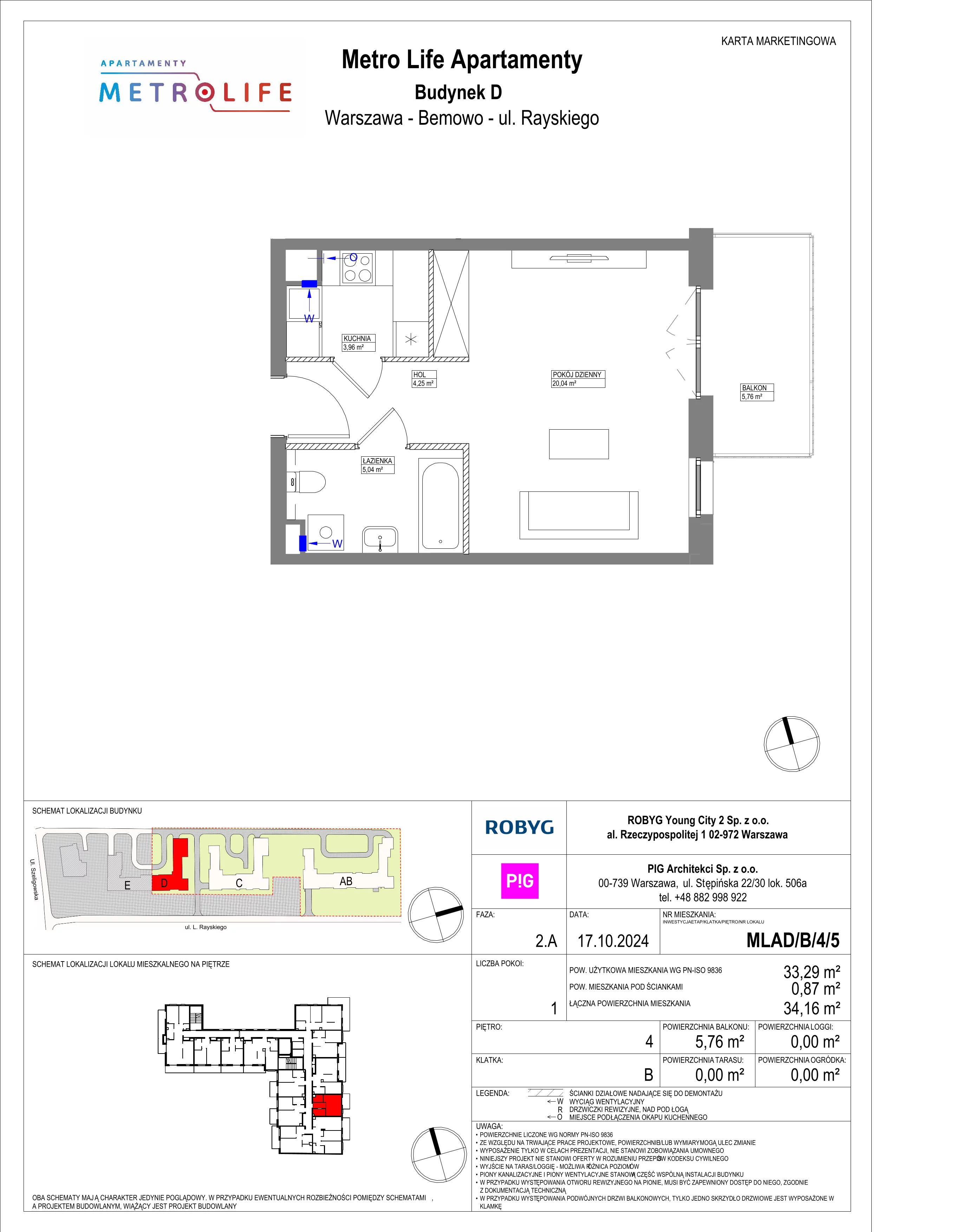 1 pokój, mieszkanie 33,29 m², piętro 4, oferta nr MLAD/B/4/5, Metro Life Apartamenty, Warszawa, Bemowo, Chrzanów, ul. Rayskiego
