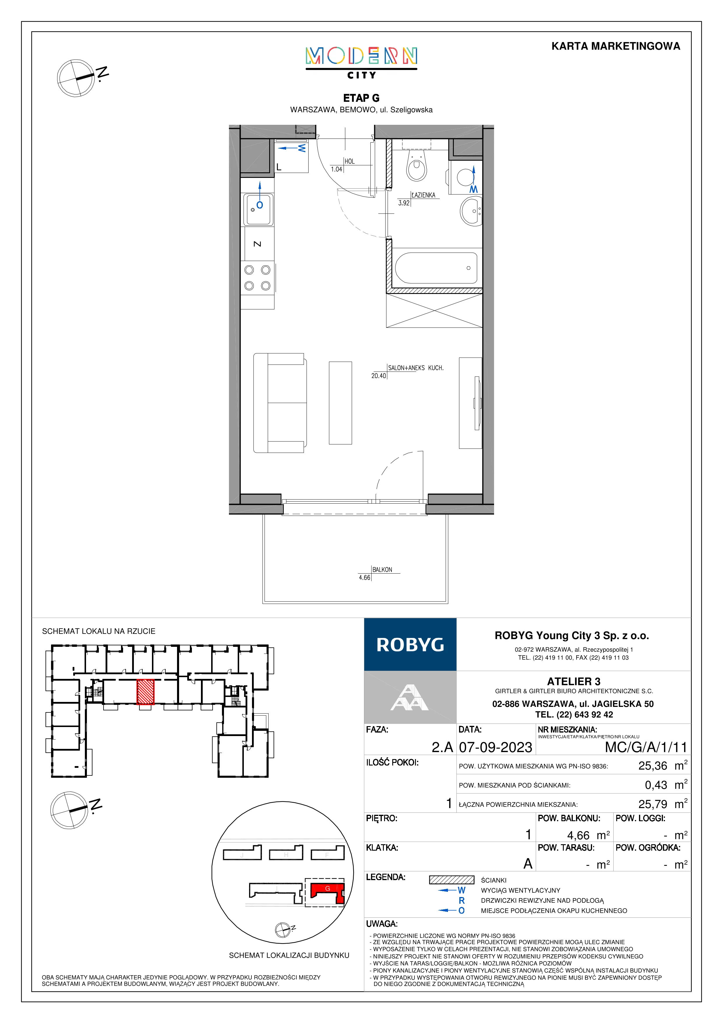 1 pokój, mieszkanie 25,36 m², piętro 1, oferta nr MC/G/A/1/11, Modern City etap G, Warszawa, Bemowo, Chrzanów, ul. Szeligowska