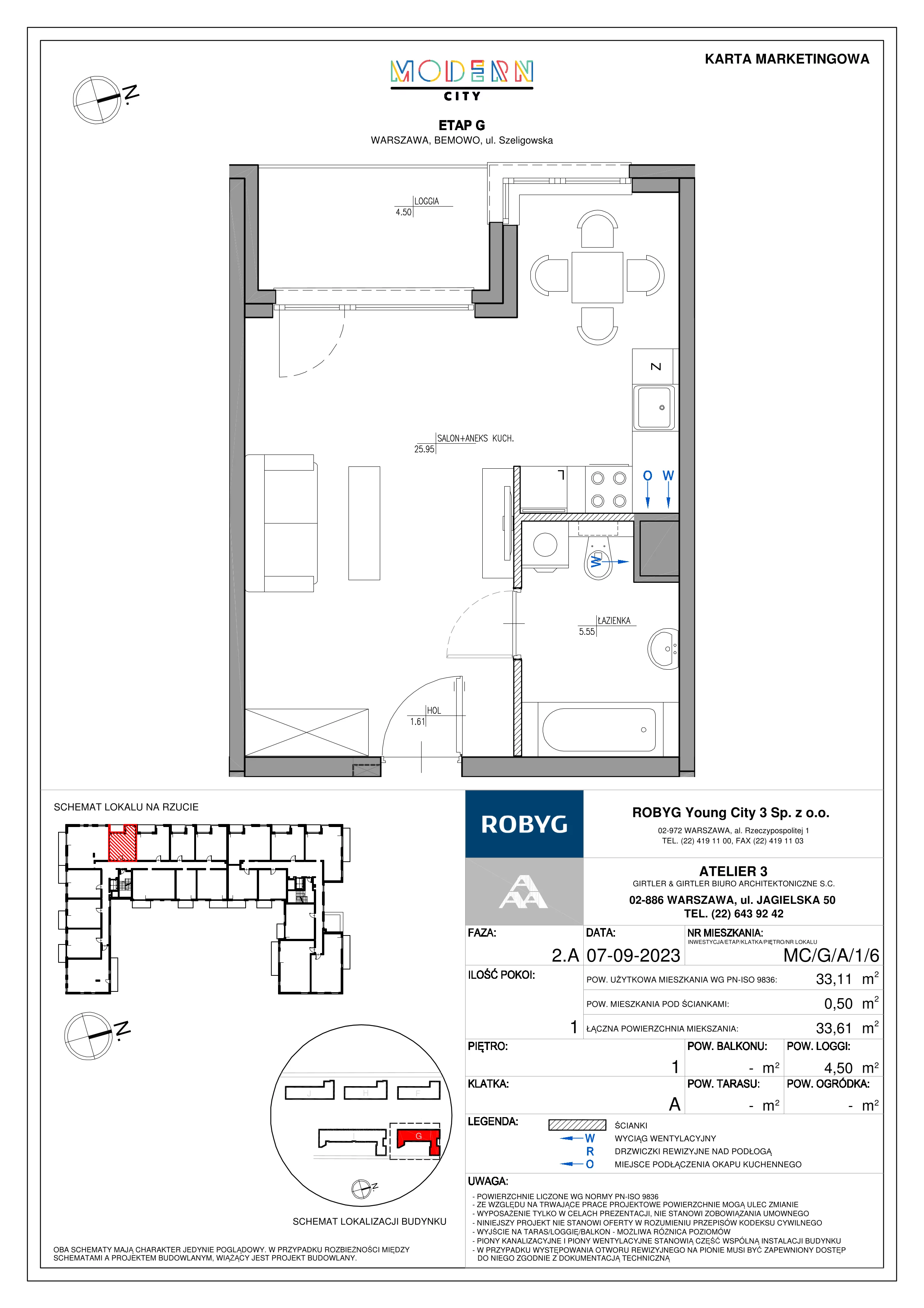 1 pokój, mieszkanie 33,11 m², piętro 1, oferta nr MC/G/A/1/6, Modern City etap G, Warszawa, Bemowo, Chrzanów, ul. Szeligowska