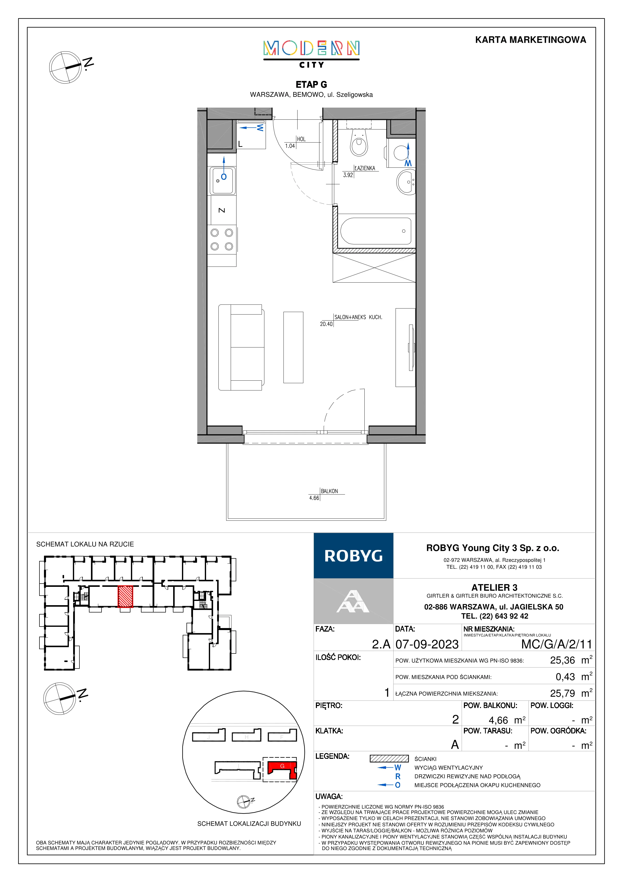 1 pokój, mieszkanie 25,36 m², piętro 2, oferta nr MC/G/A/2/11, Modern City etap G, Warszawa, Bemowo, Chrzanów, ul. Szeligowska