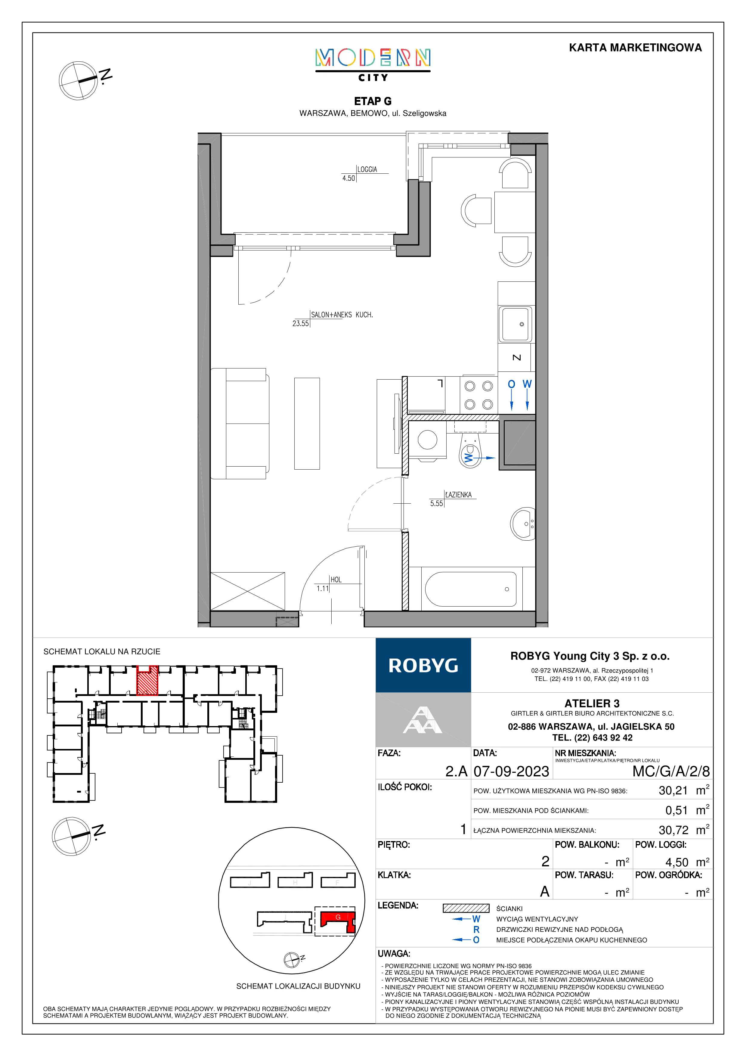 1 pokój, mieszkanie 30,21 m², piętro 2, oferta nr MC/G/A/2/8, Modern City etap G, Warszawa, Bemowo, Chrzanów, ul. Szeligowska