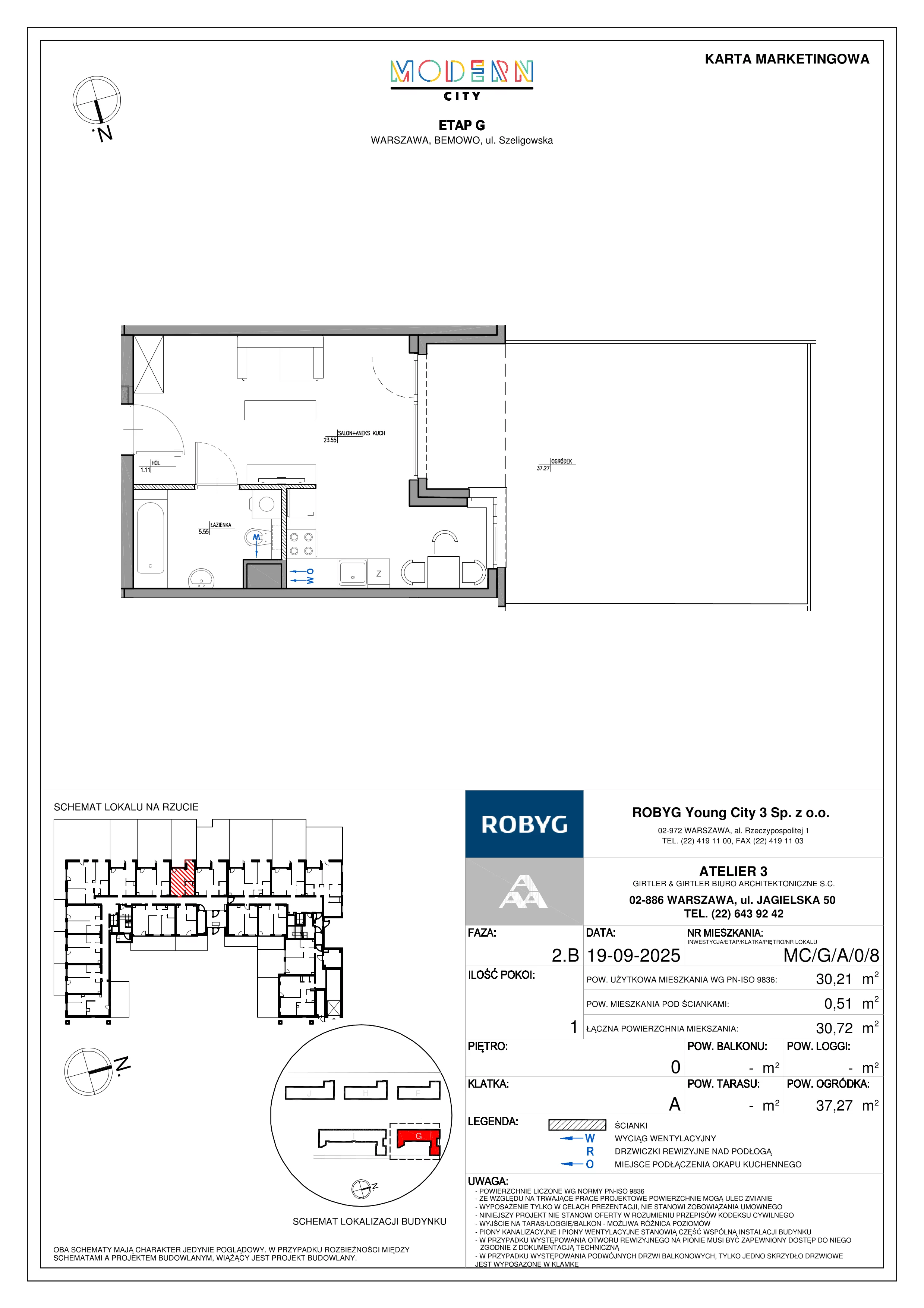 1 pokój, mieszkanie 30,21 m², parter, oferta nr MC/G/A/0/8, Modern City etap G, Warszawa, Bemowo, Chrzanów, ul. Szeligowska