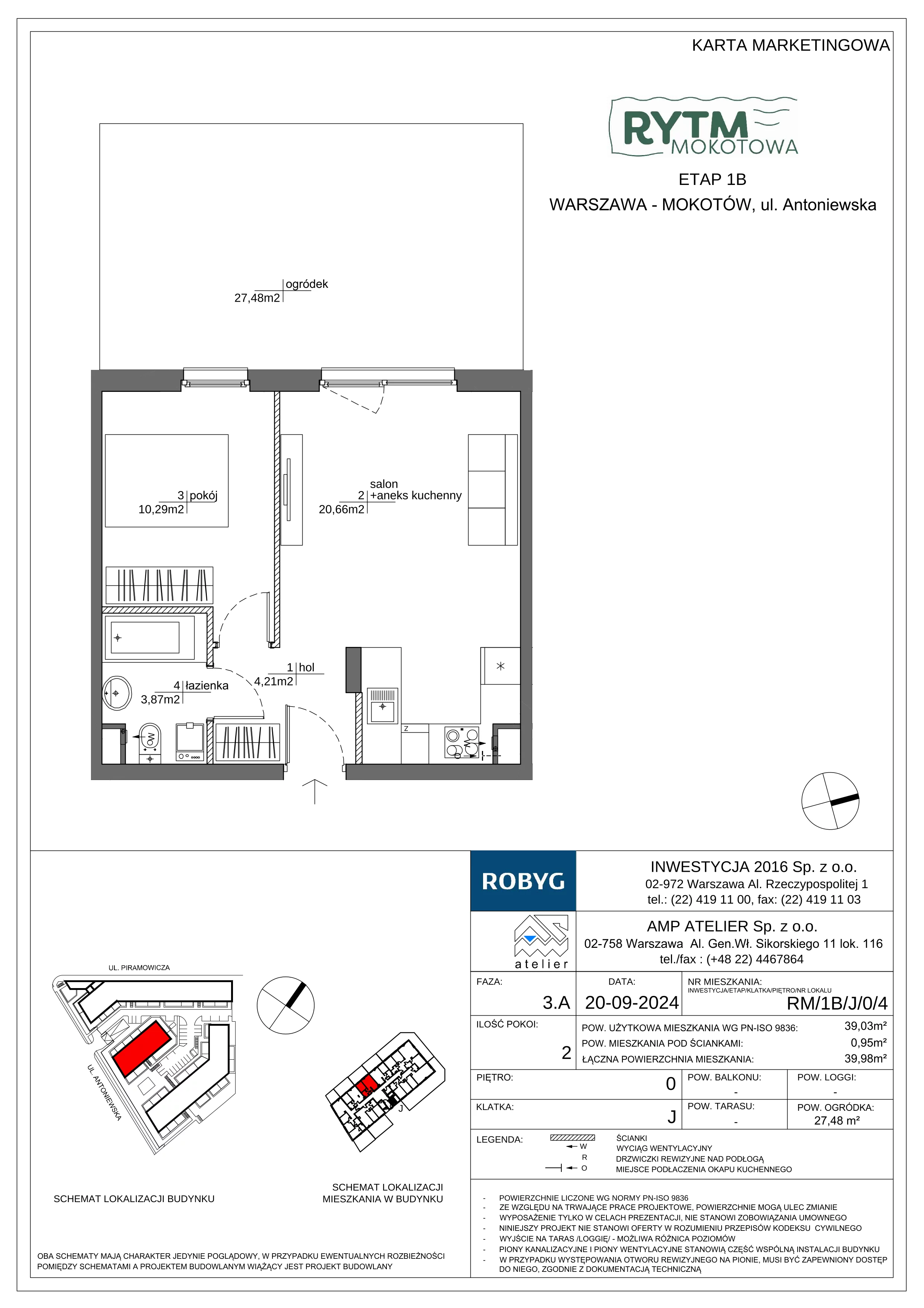 2 pokoje, mieszkanie 39,03 m², parter, oferta nr RM/1B/J/0/4, Rytm Mokotowa 1B, Warszawa, Mokotów, Augustówka, ul. Antoniewska / Piramowicza
