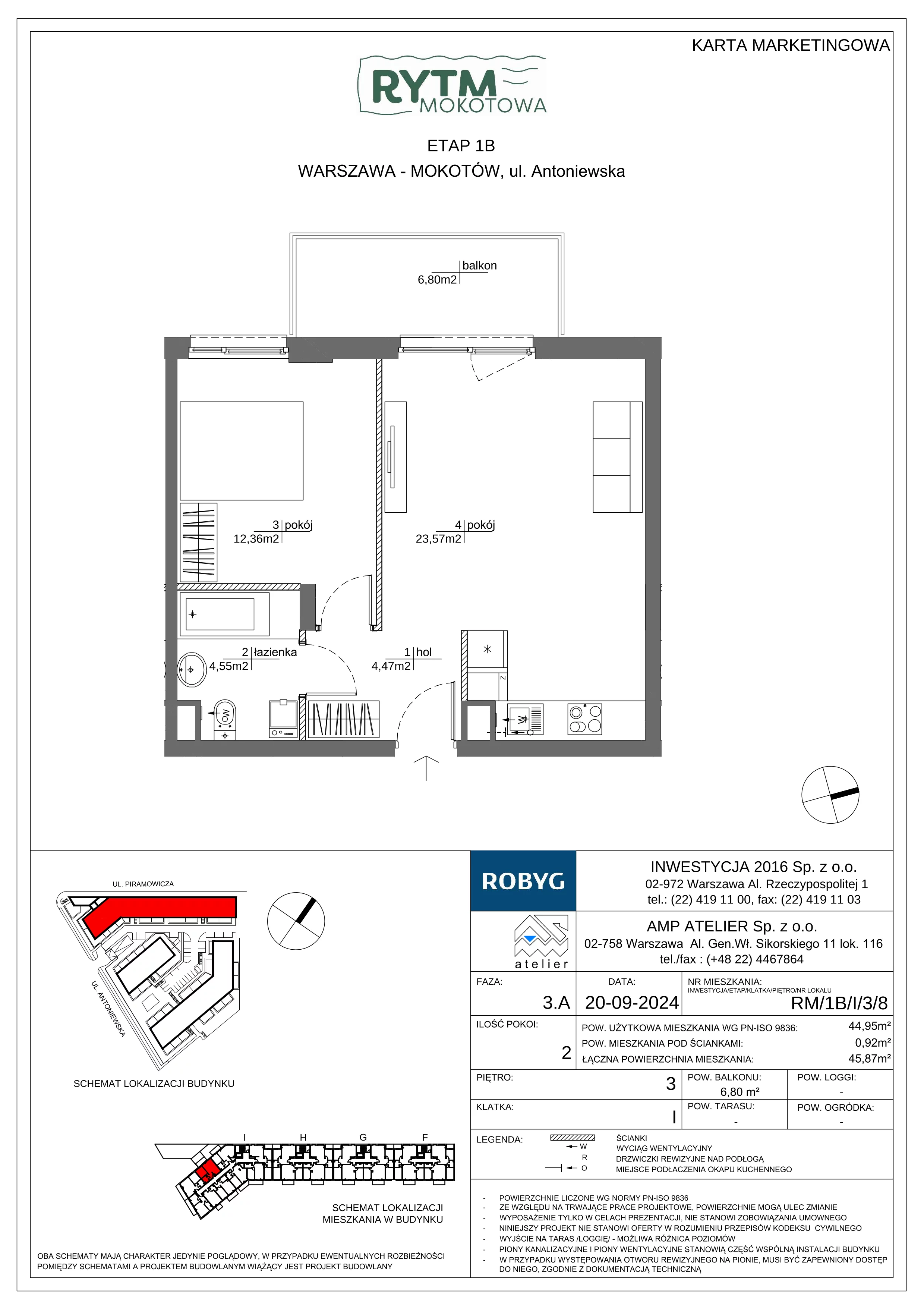 2 pokoje, mieszkanie 44,95 m², piętro 3, oferta nr RM/1B/I/3/8, Rytm Mokotowa 1B, Warszawa, Mokotów, Augustówka, ul. Antoniewska / Piramowicza