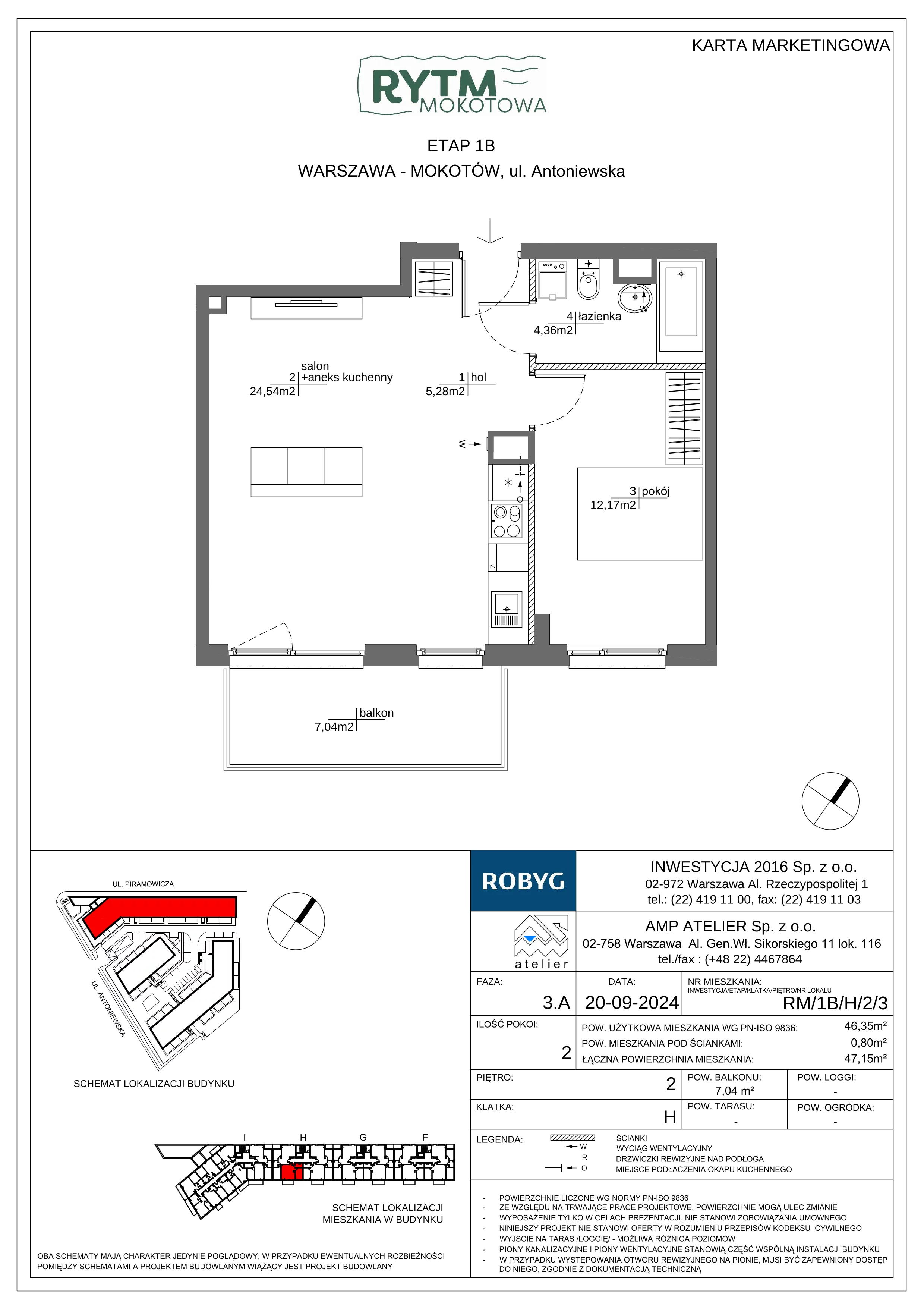 2 pokoje, mieszkanie 46,35 m², piętro 2, oferta nr RM/1B/H/2/3, Rytm Mokotowa 1B, Warszawa, Mokotów, Augustówka, ul. Antoniewska / Piramowicza