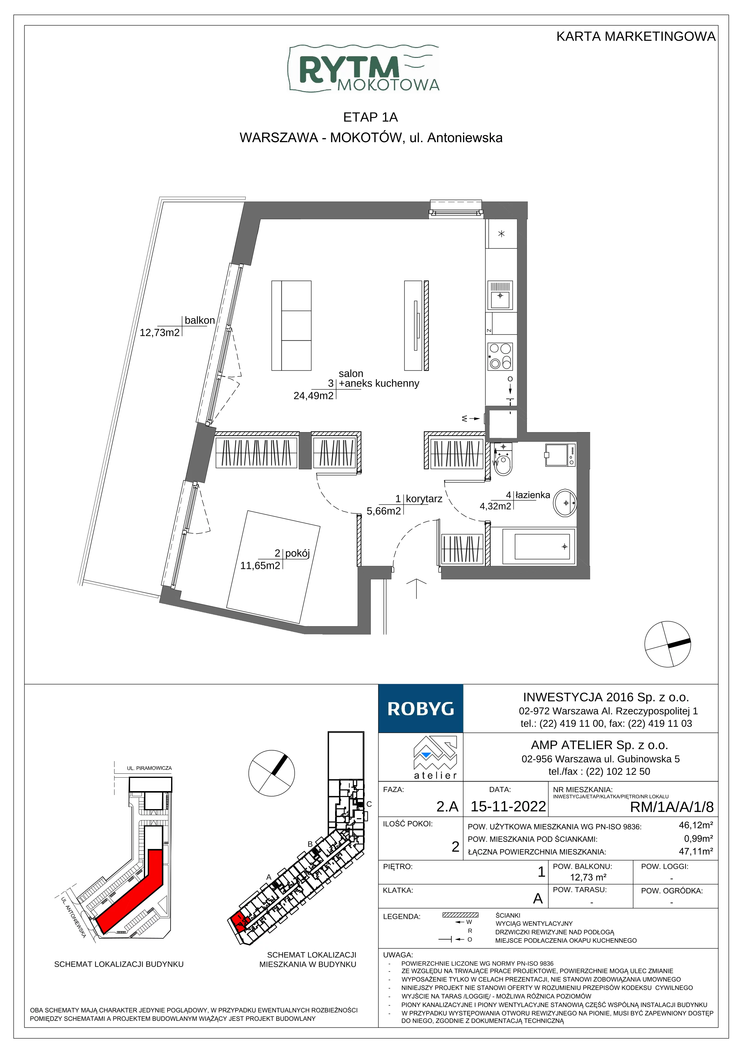 2 pokoje, mieszkanie 46,12 m², piętro 1, oferta nr RM/1A/A/1/8, Rytm Mokotowa, Warszawa, Mokotów, Augustówka, ul. Antoniewska / Piramowicza
