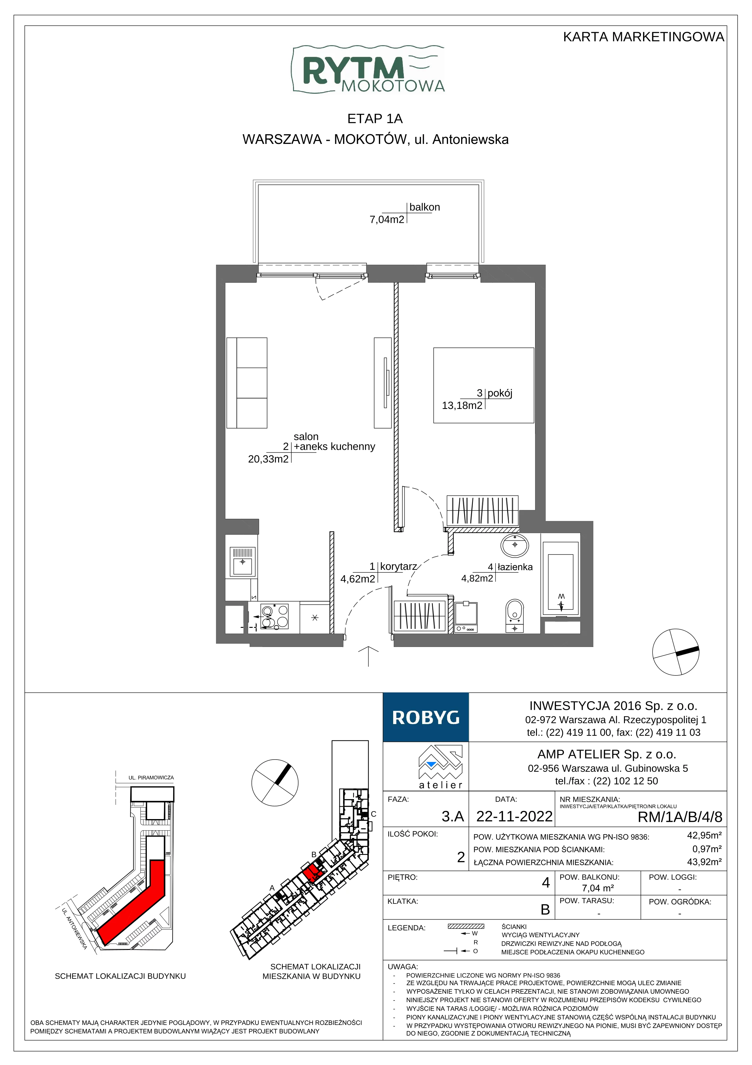 2 pokoje, mieszkanie 42,95 m², piętro 4, oferta nr RM/1A/B/4/8, Rytm Mokotowa, Warszawa, Mokotów, Augustówka, ul. Antoniewska / Piramowicza