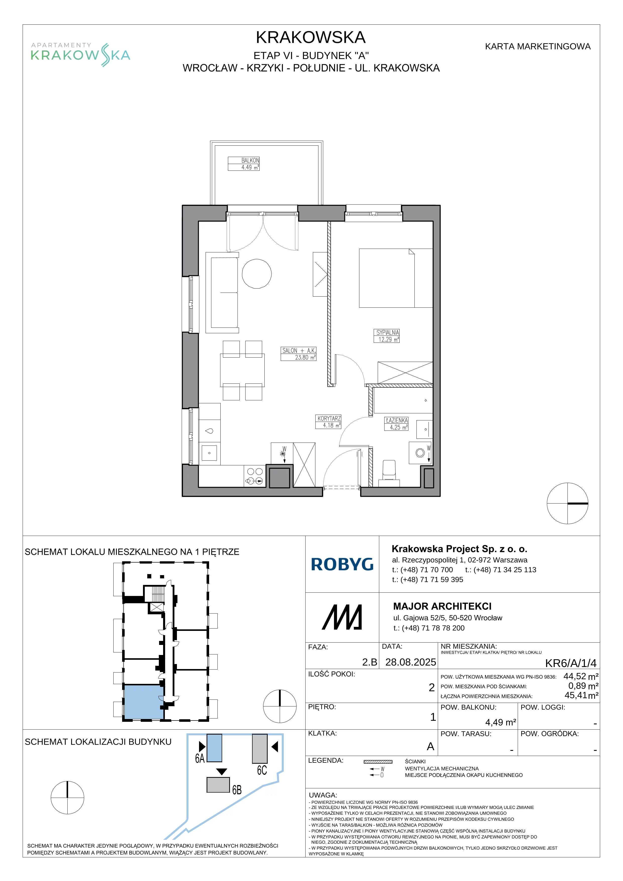 2 pokoje, mieszkanie 44,52 m², piętro 1, oferta nr KR6/A/1/4, Apartamenty Krakowska 6, Wrocław, Przedmieście Oławskie, Krzyki, ul. Krakowska