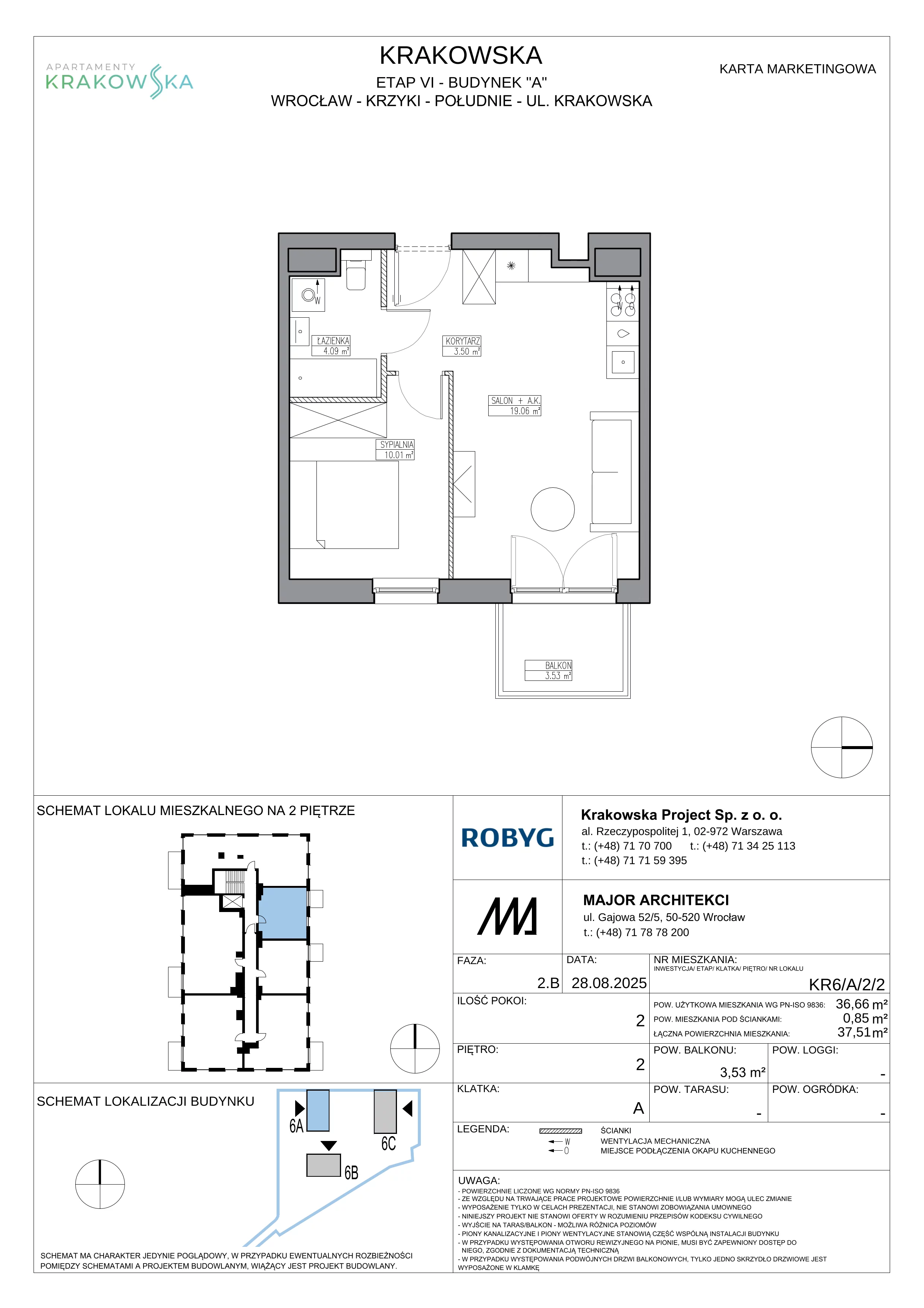 2 pokoje, mieszkanie 36,66 m², piętro 2, oferta nr KR6/A/2/2, Apartamenty Krakowska 6, Wrocław, Przedmieście Oławskie, Krzyki, ul. Krakowska
