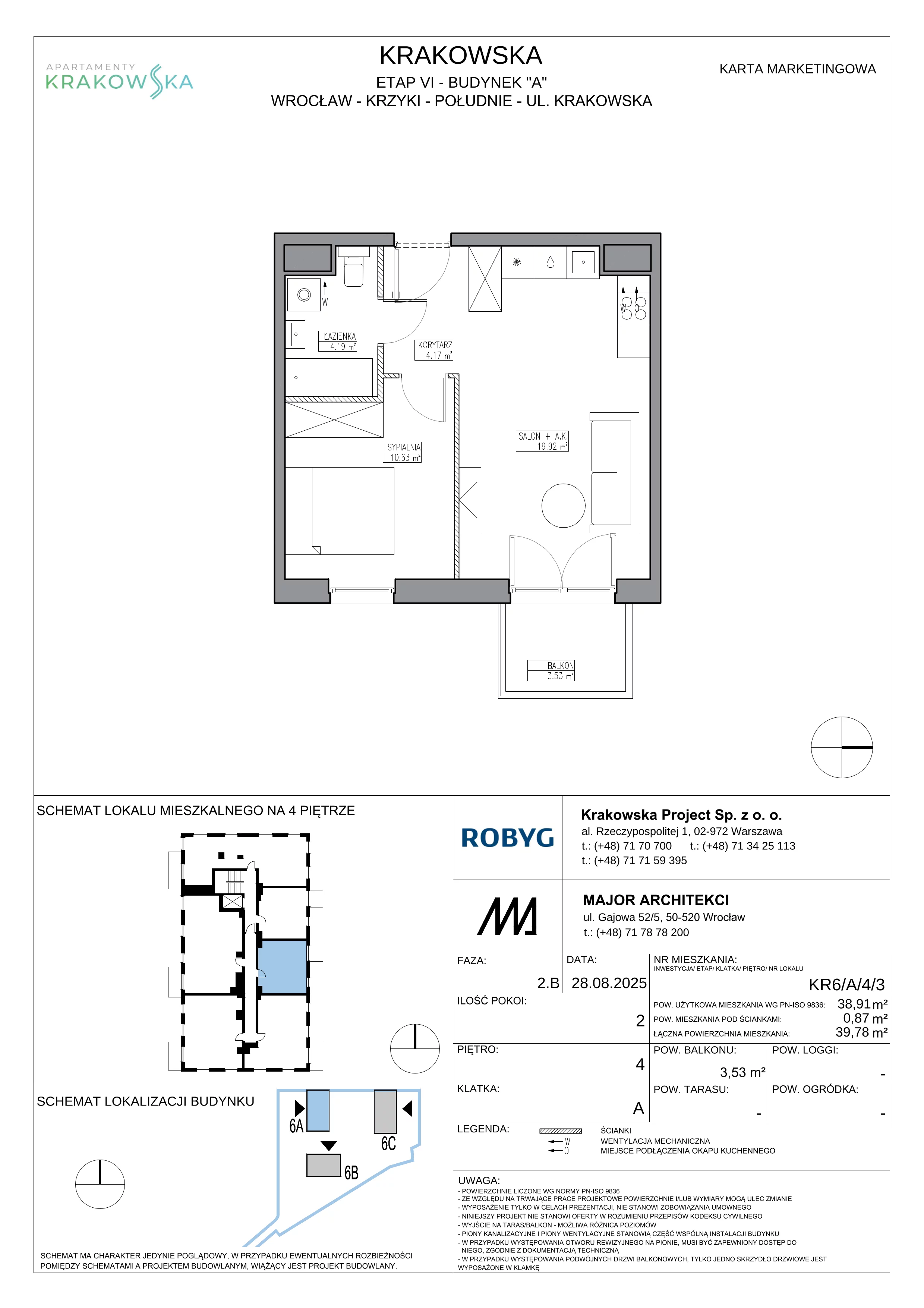 2 pokoje, mieszkanie 38,91 m², piętro 4, oferta nr KR6/A/4/3, Apartamenty Krakowska 6, Wrocław, Przedmieście Oławskie, Krzyki, ul. Krakowska