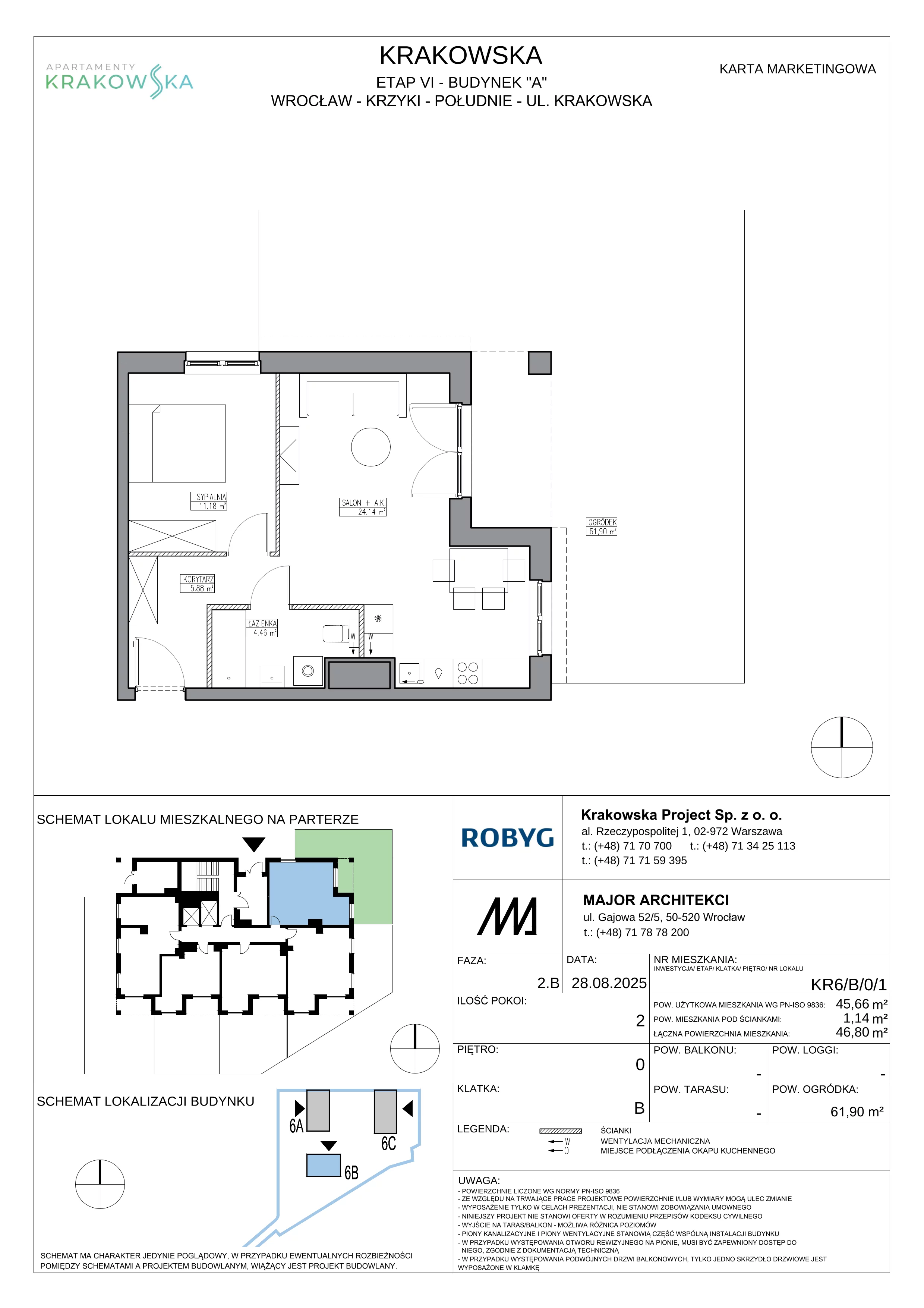 2 pokoje, mieszkanie 45,66 m², parter, oferta nr KR6/B/0/1, Apartamenty Krakowska 6, Wrocław, Przedmieście Oławskie, Krzyki, ul. Krakowska